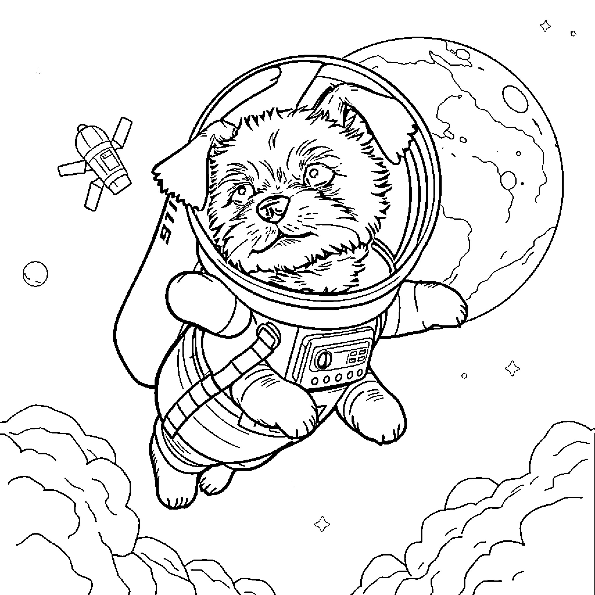 Dog astronaut exploring the galaxy Coloring Page (free black-and-white line drawing printable PDF for all, from beginners to advanced learners, including children, teens, adults, and seniors)