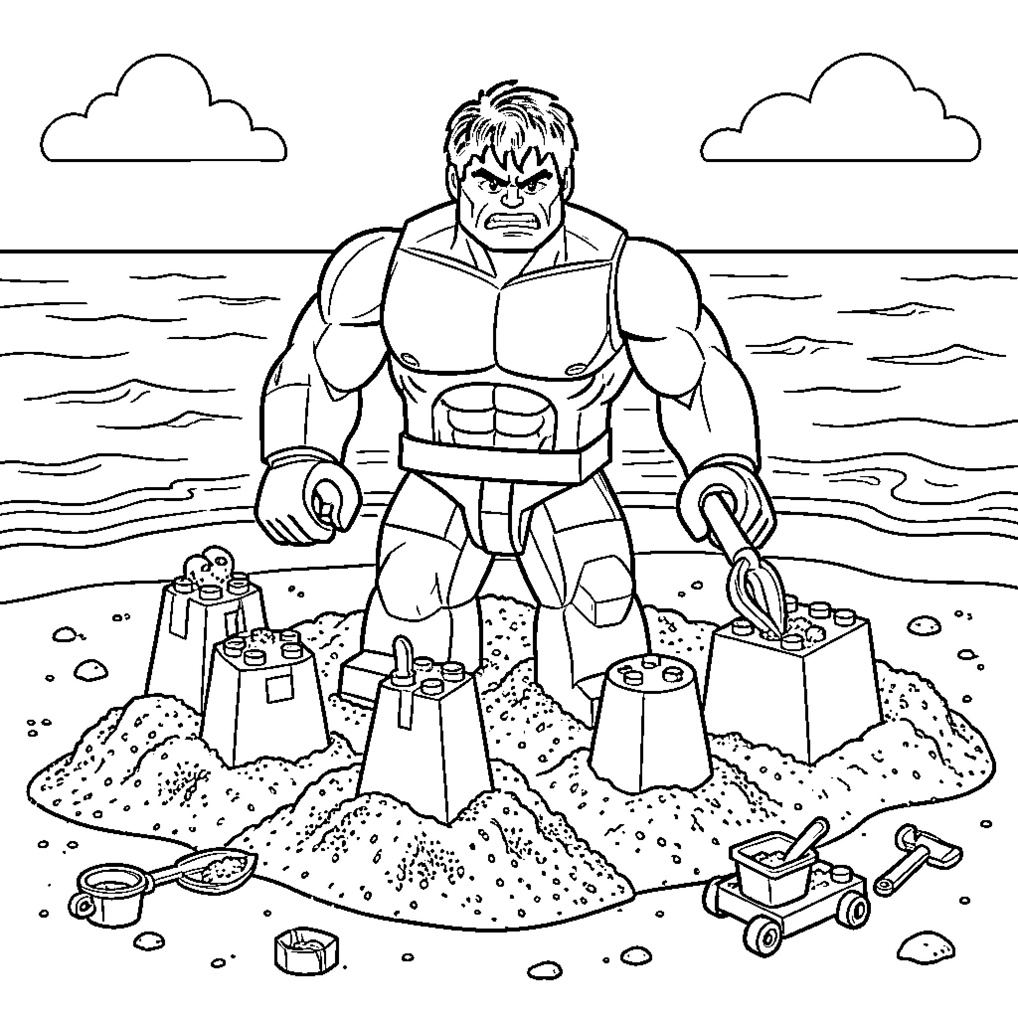 Hulk building sandcastles on a beach Coloring Page (free black-and-white line drawing printable PDF for all, from beginners to advanced learners, including children, teens, adults, and seniors)