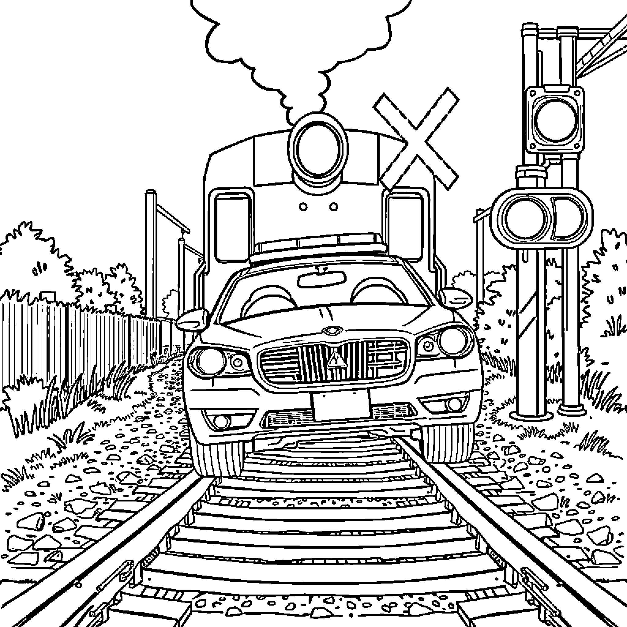 Car on railroad tracks with smoke and signals Coloring Page (free black-and-white line drawing printable PDF for all, from beginners to advanced learners, including children, teens, adults, and seniors)