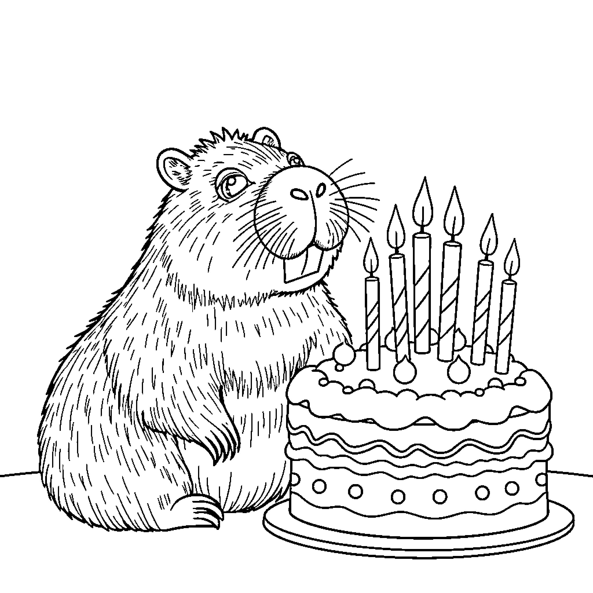 Capybara enjoying birthday cake with candles Coloring Page (free black-and-white line drawing printable PDF for all, from beginners to advanced learners, including children, teens, adults, and seniors)