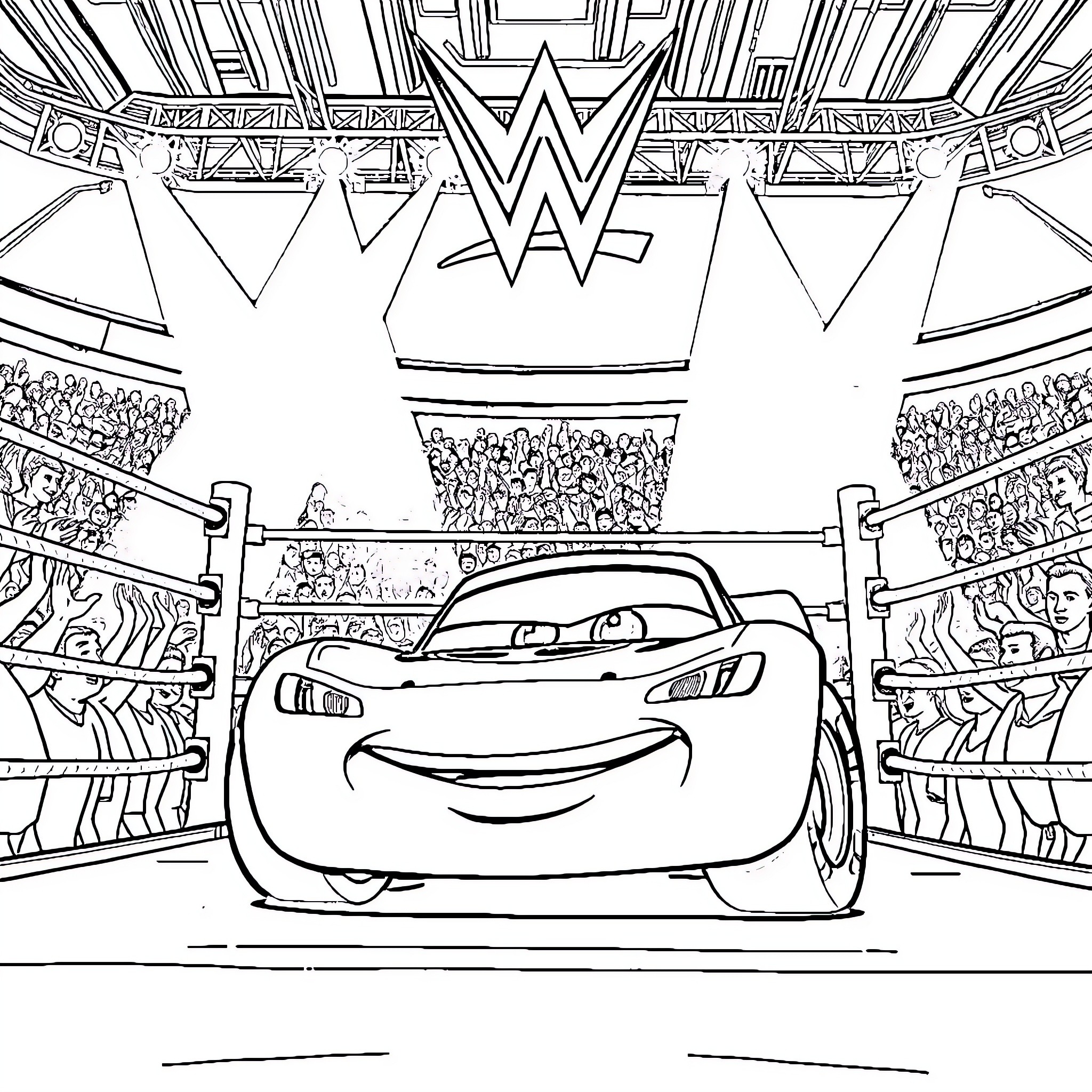 Lightning McQueen racing with crowds cheering Coloring Page (free black-and-white line drawing printable PDF for all, from beginners to advanced learners, including children, teens, adults, and seniors)