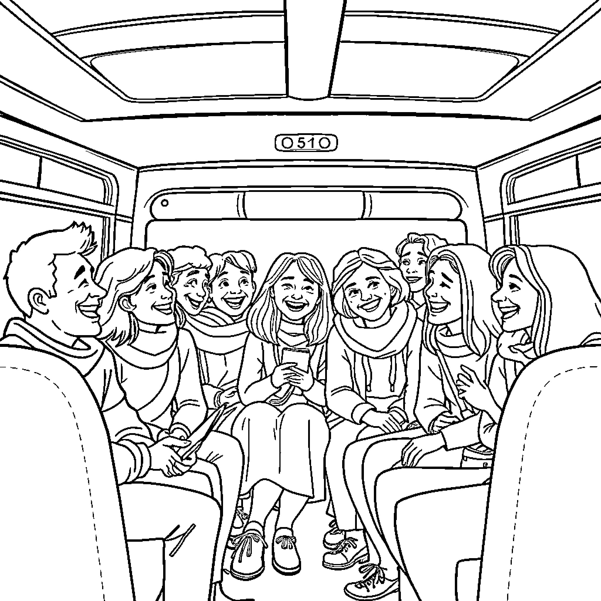 Bus full of happy passengers Coloring Page (free black-and-white line drawing printable PDF for all, from beginners to advanced learners, including children, teens, adults, and seniors)