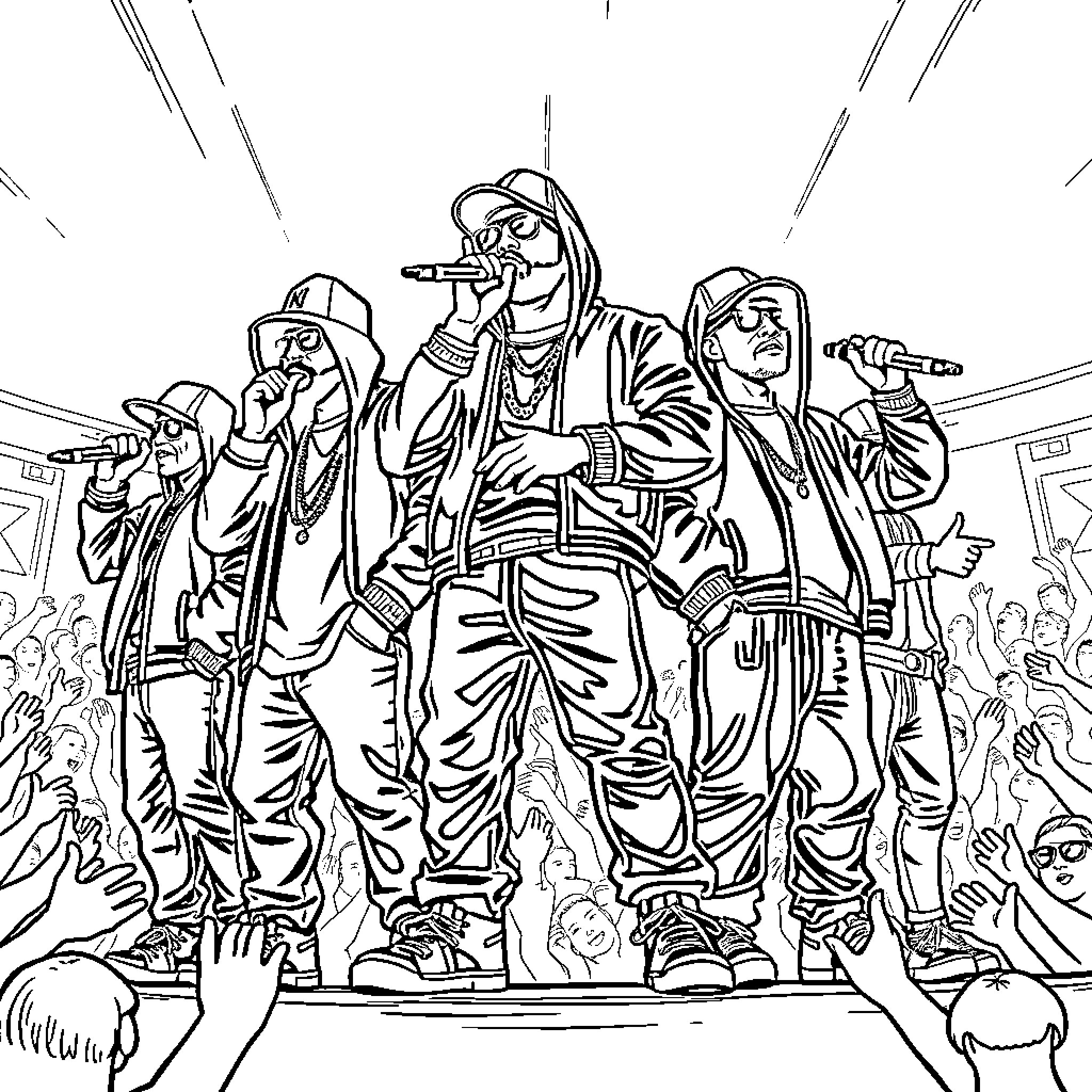 Hip Hop God Performers Captivating the Crowd Coloring Page (free black-and-white line drawing printable PDF for all, from beginners to advanced learners, including children, teens, adults, and seniors)