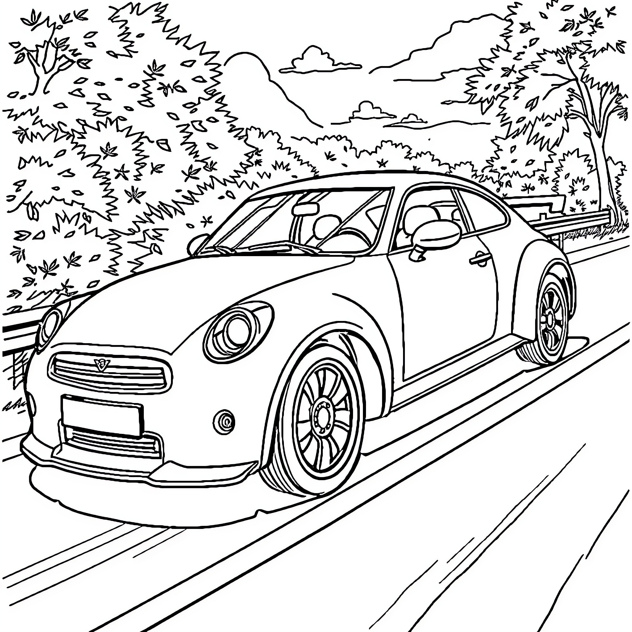 Car driving on a winding mountain road Coloring Page (free black-and-white line drawing printable PDF for all, from beginners to advanced learners, including children, teens, adults, and seniors)