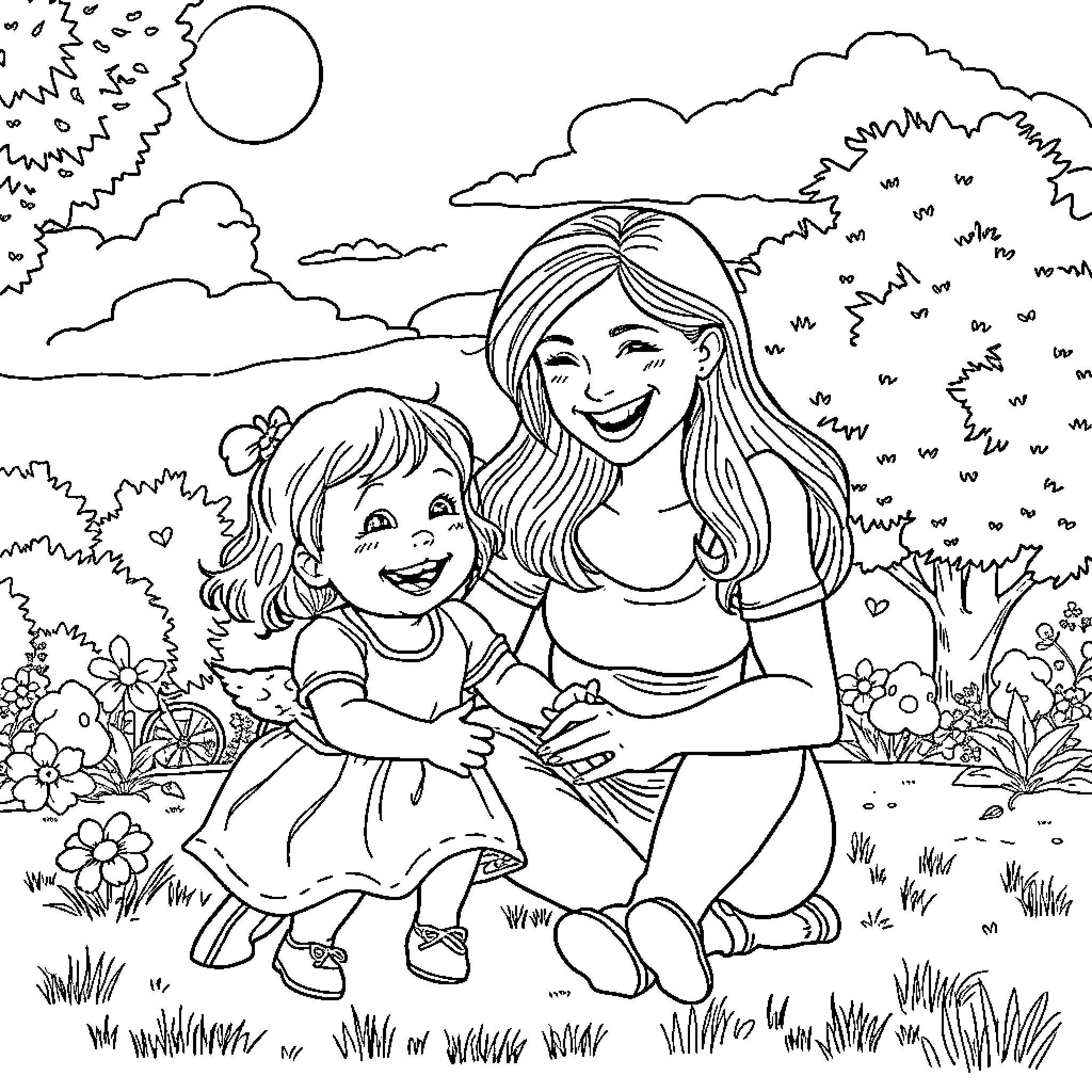 Mommy and daughter playing together in the park Coloring Page (free black-and-white line drawing printable PDF for all, from beginners to advanced learners, including children, teens, adults, and seniors)