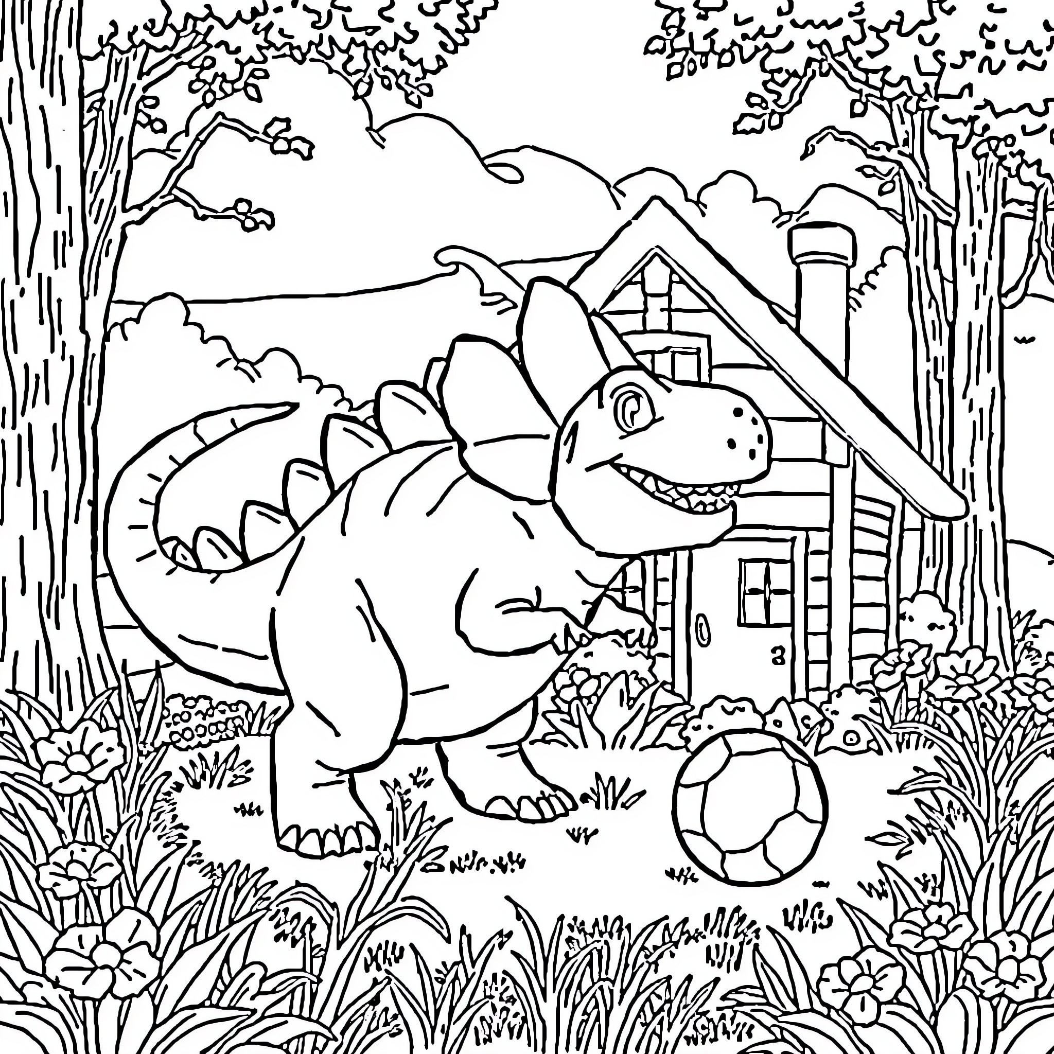 Triceratops playing with a ball in a forest setting Coloring Page (free black-and-white line drawing printable PDF for all, from beginners to advanced learners, including children, teens, adults, and seniors)