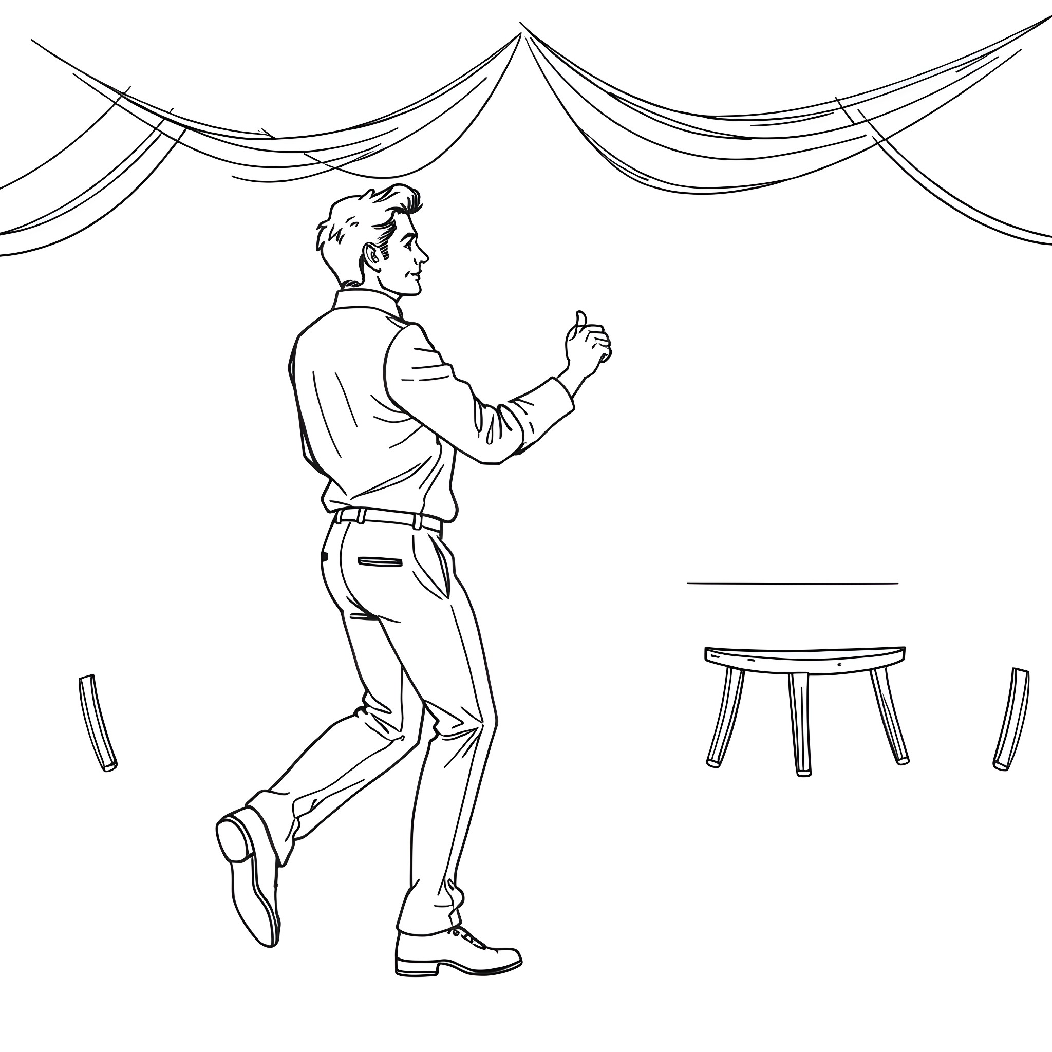 Man gesturing in an animated scene with curtains Coloring Page (free black-and-white line drawing printable PDF for all, from beginners to advanced learners, including children, teens, adults, and seniors)