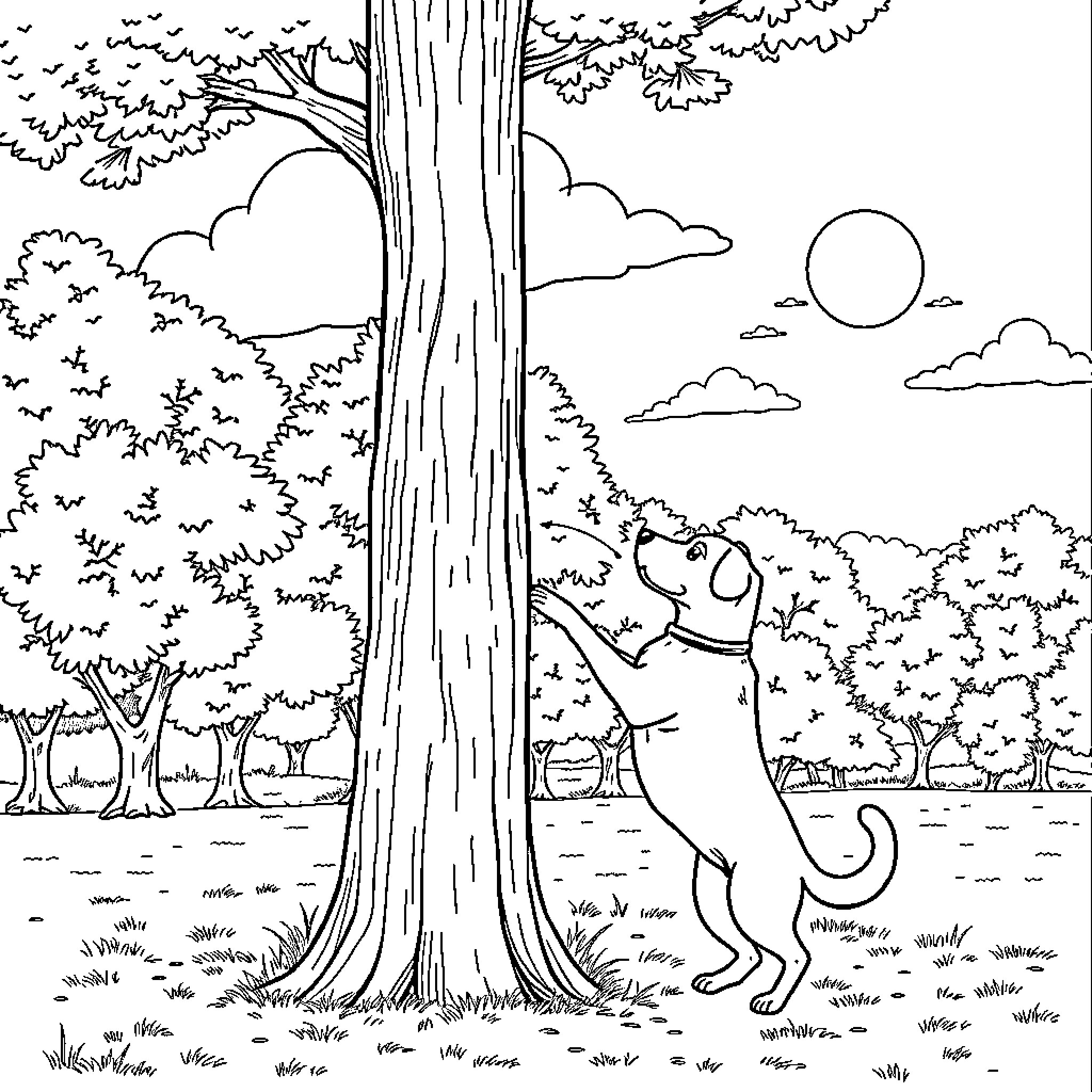 Dog enjoying the outdoors in a scenic forest Coloring Page (free black-and-white line drawing printable PDF for all, from beginners to advanced learners, including children, teens, adults, and seniors)