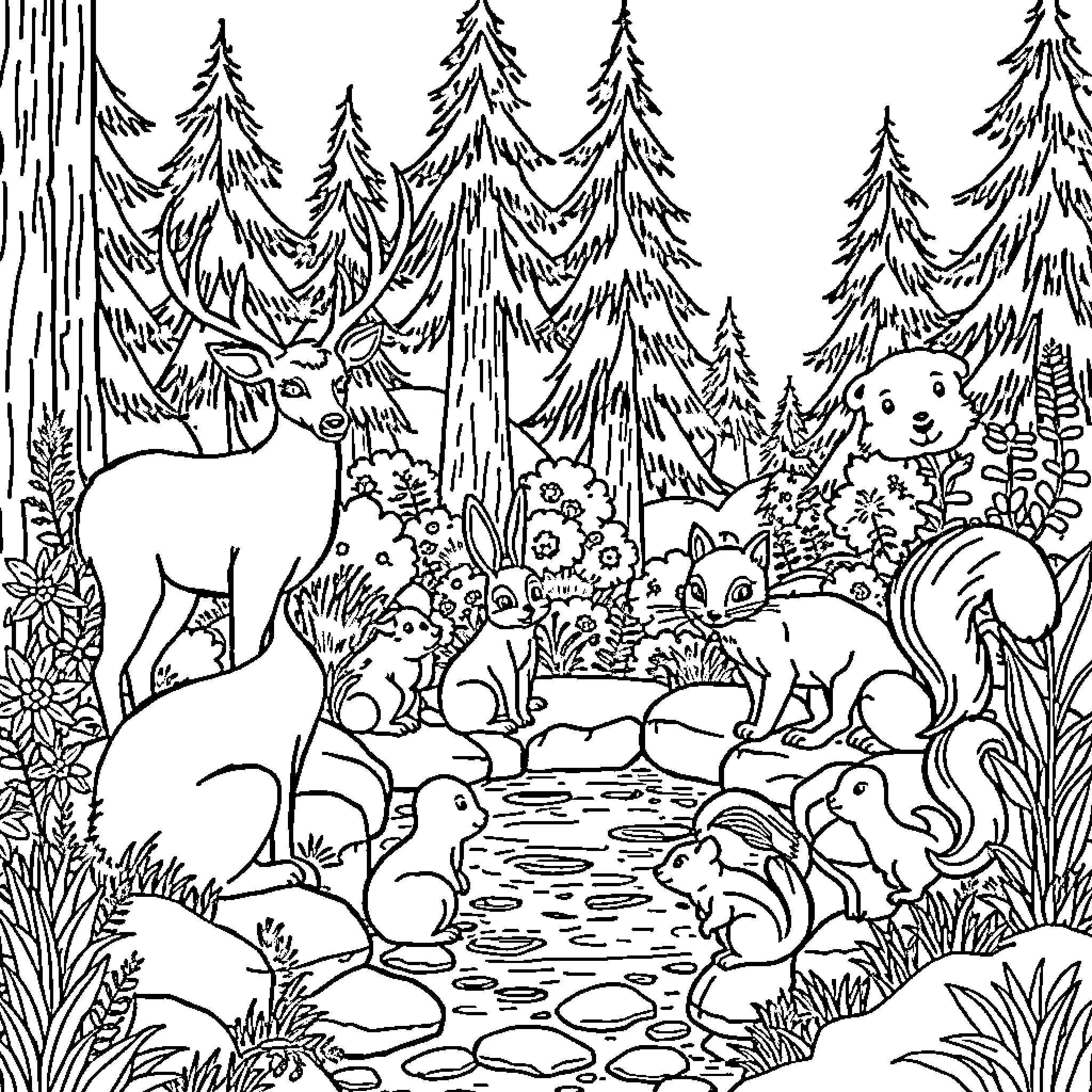 Forest Animals in a Serene Woodland Scene Coloring Page (free black-and-white line drawing printable PDF for all, from beginners to advanced learners, including children, teens, adults, and seniors)