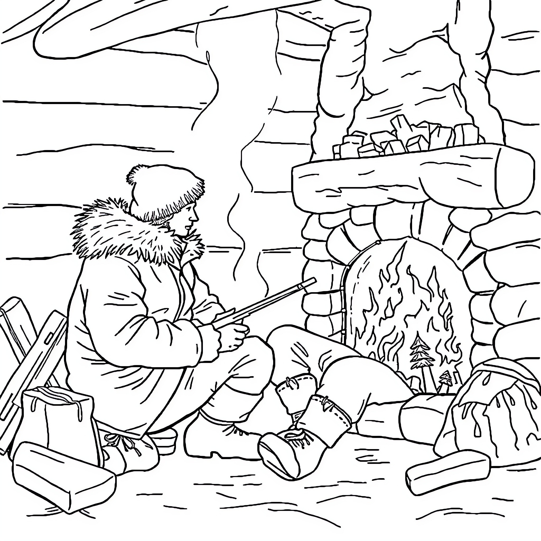 Hunter preparing campfire in the wilderness Coloring Page (free black-and-white line drawing printable PDF for all, from beginners to advanced learners, including children, teens, adults, and seniors)