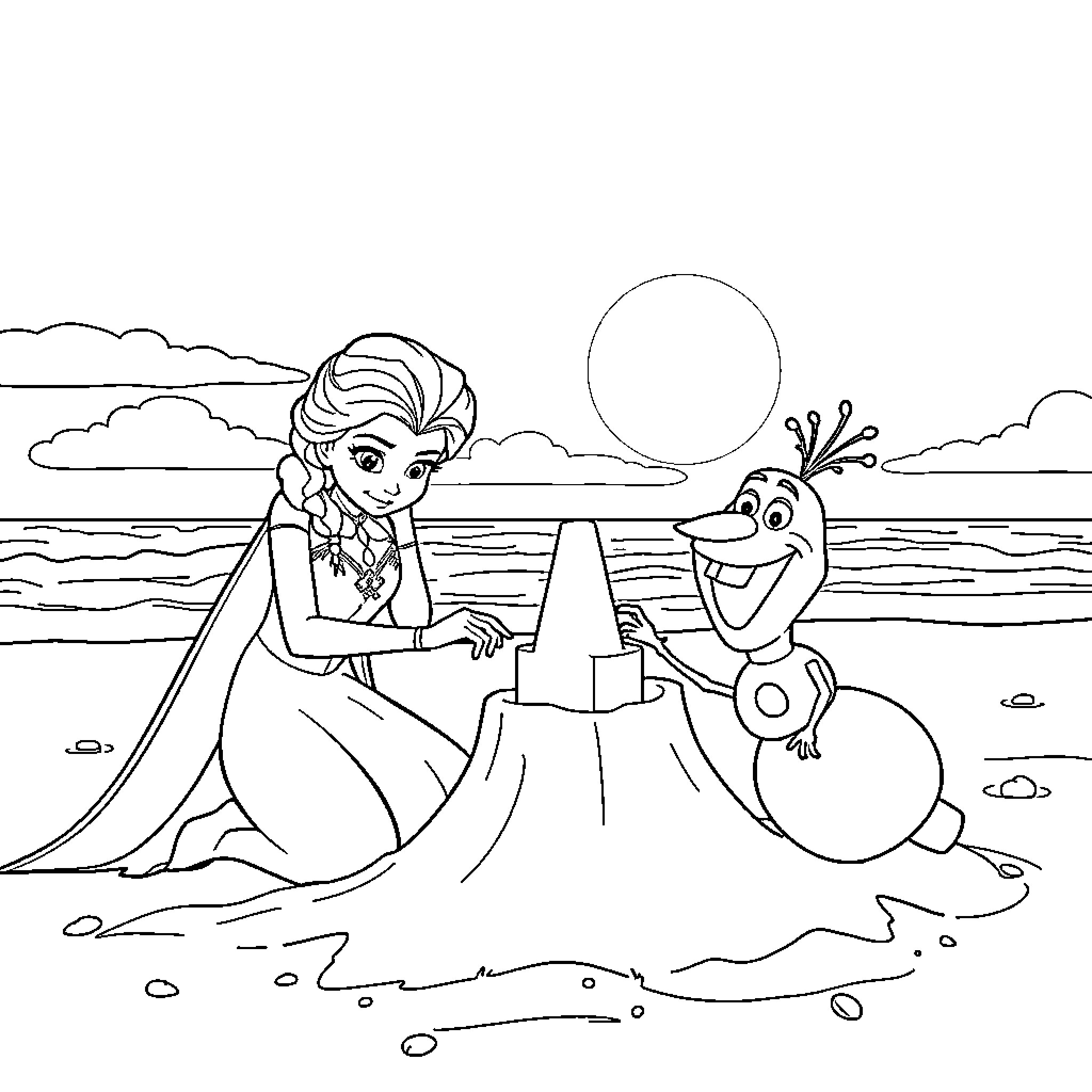 Elsa playing with Olaf on the beach Coloring Page (free black-and-white line drawing printable PDF for all, from beginners to advanced learners, including children, teens, adults, and seniors)
