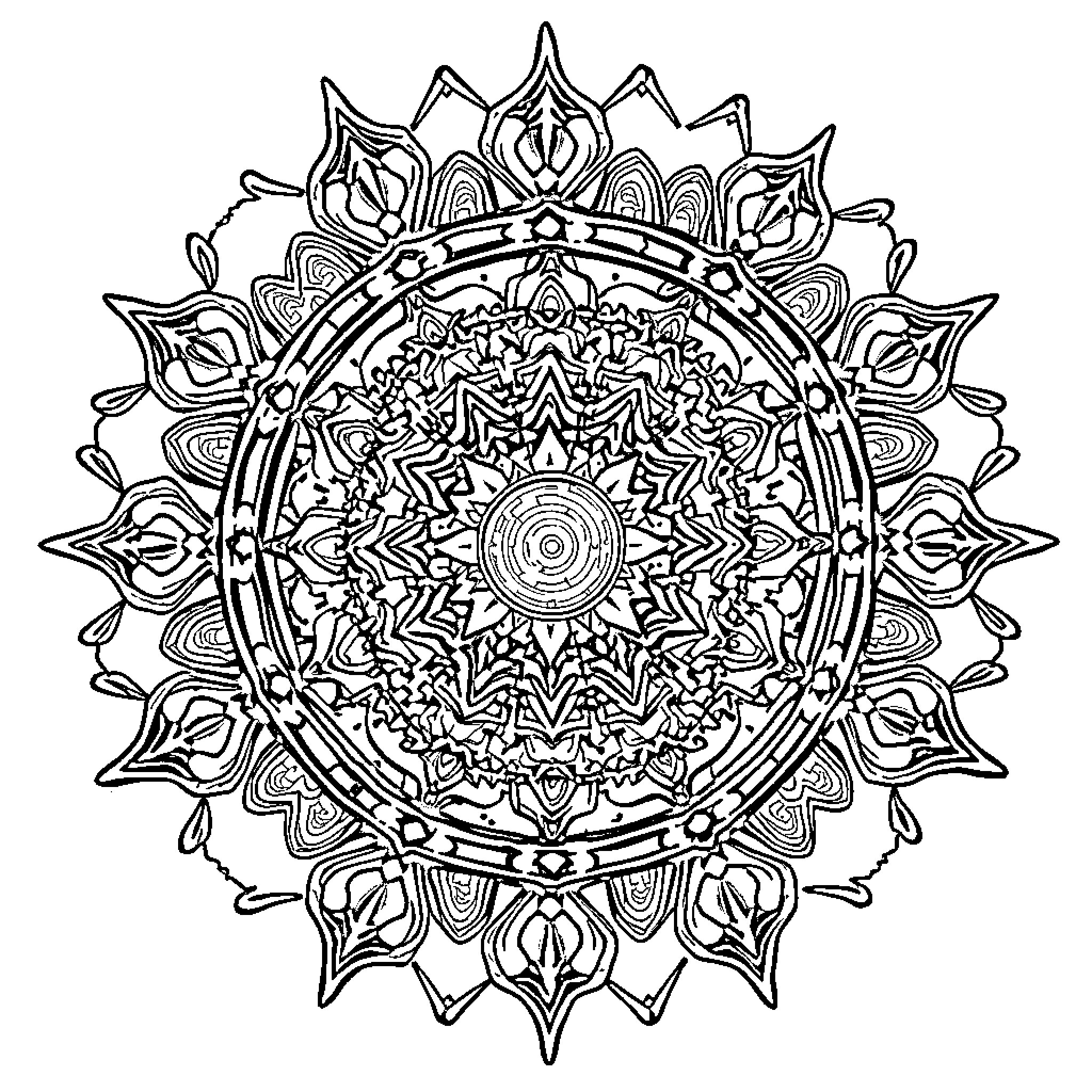 Mandala with intricate symmetrical patterns Coloring Page (free black-and-white line drawing printable PDF for all, from beginners to advanced learners, including children, teens, adults, and seniors)