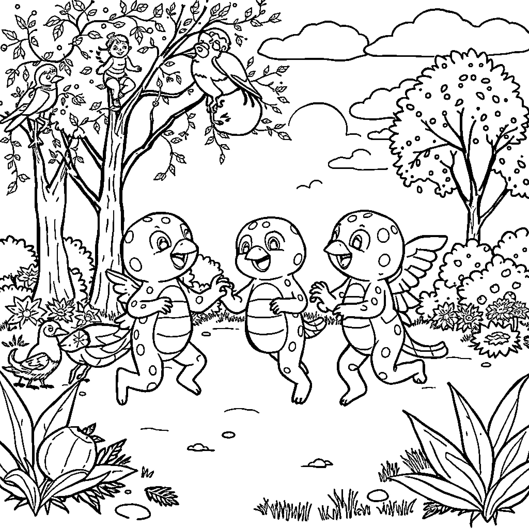 Orcalerito: Cheerful Creatures Frolicking in Nature Coloring Page (free black-and-white line drawing printable PDF for all, from beginners to advanced learners, including children, teens, adults, and seniors)