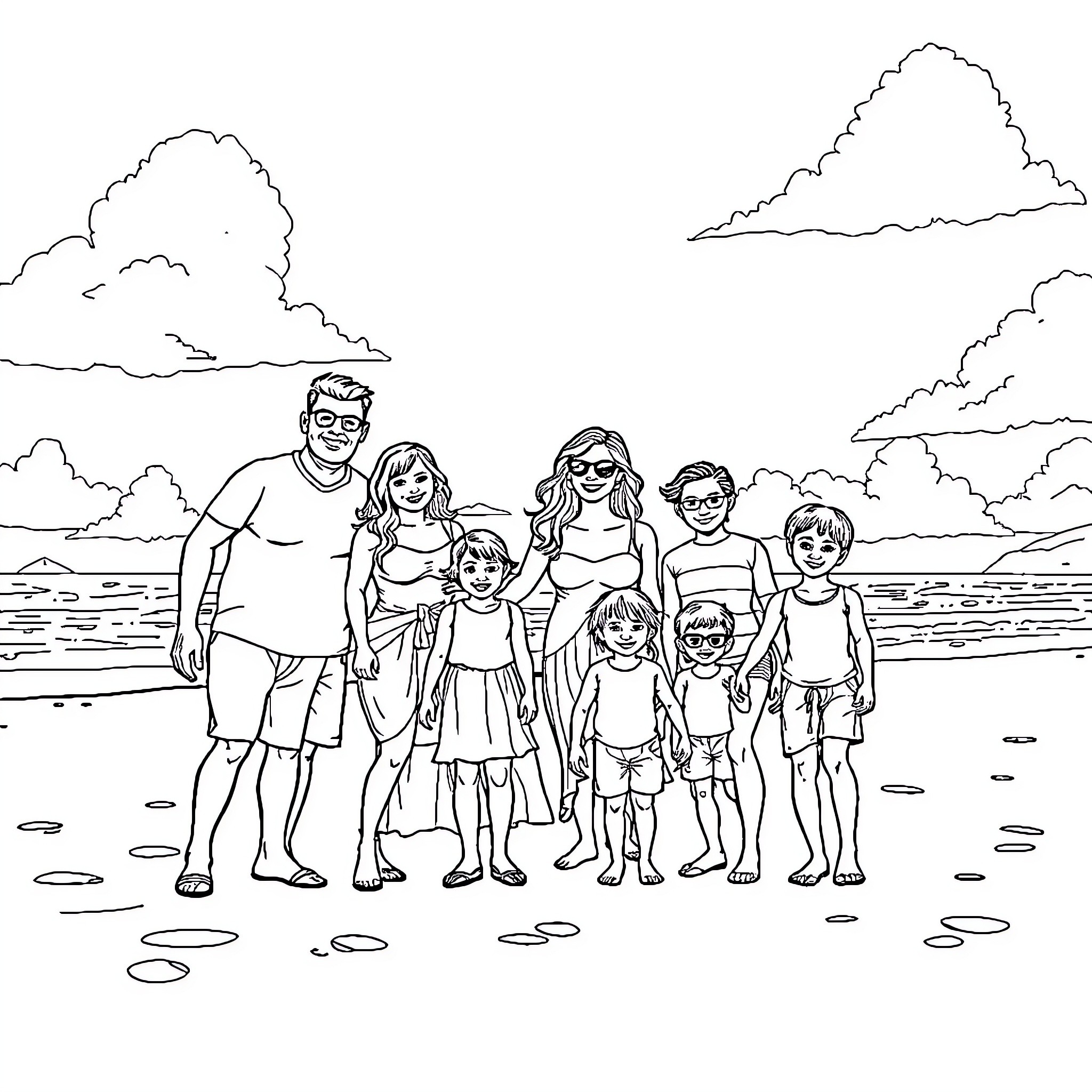 Family enjoying a sunny day at the beach Coloring Page (free black-and-white line drawing printable PDF for all, from beginners to advanced learners, including children, teens, adults, and seniors)