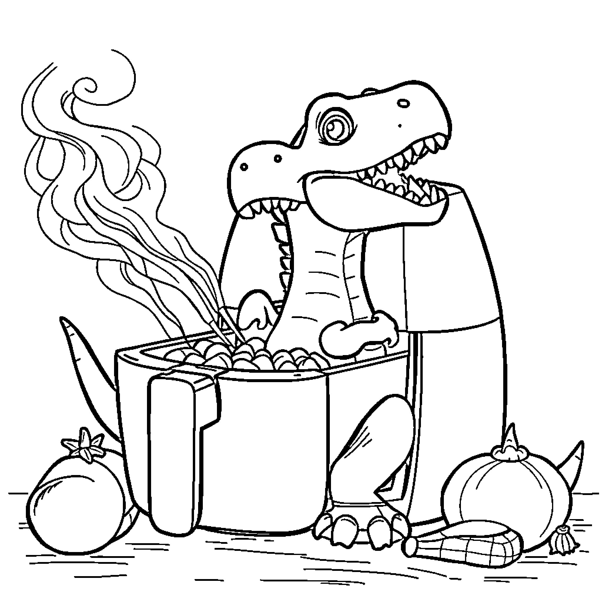 Airfryer dinosaur feeding on delightful snacks Coloring Page (free black-and-white line drawing printable PDF for all, from beginners to advanced learners, including children, teens, adults, and seniors)