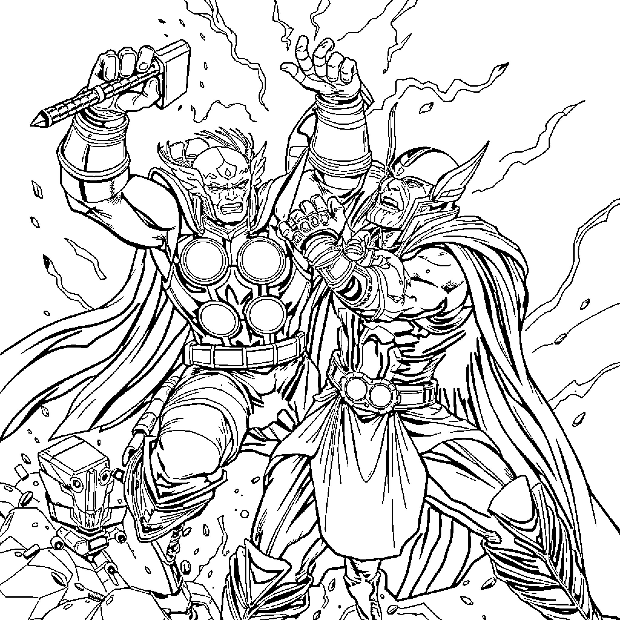 Thor unleashing his mighty power in a dramatic scene Coloring Page (free black-and-white line drawing printable PDF for all, from beginners to advanced learners, including children, teens, adults, and seniors)