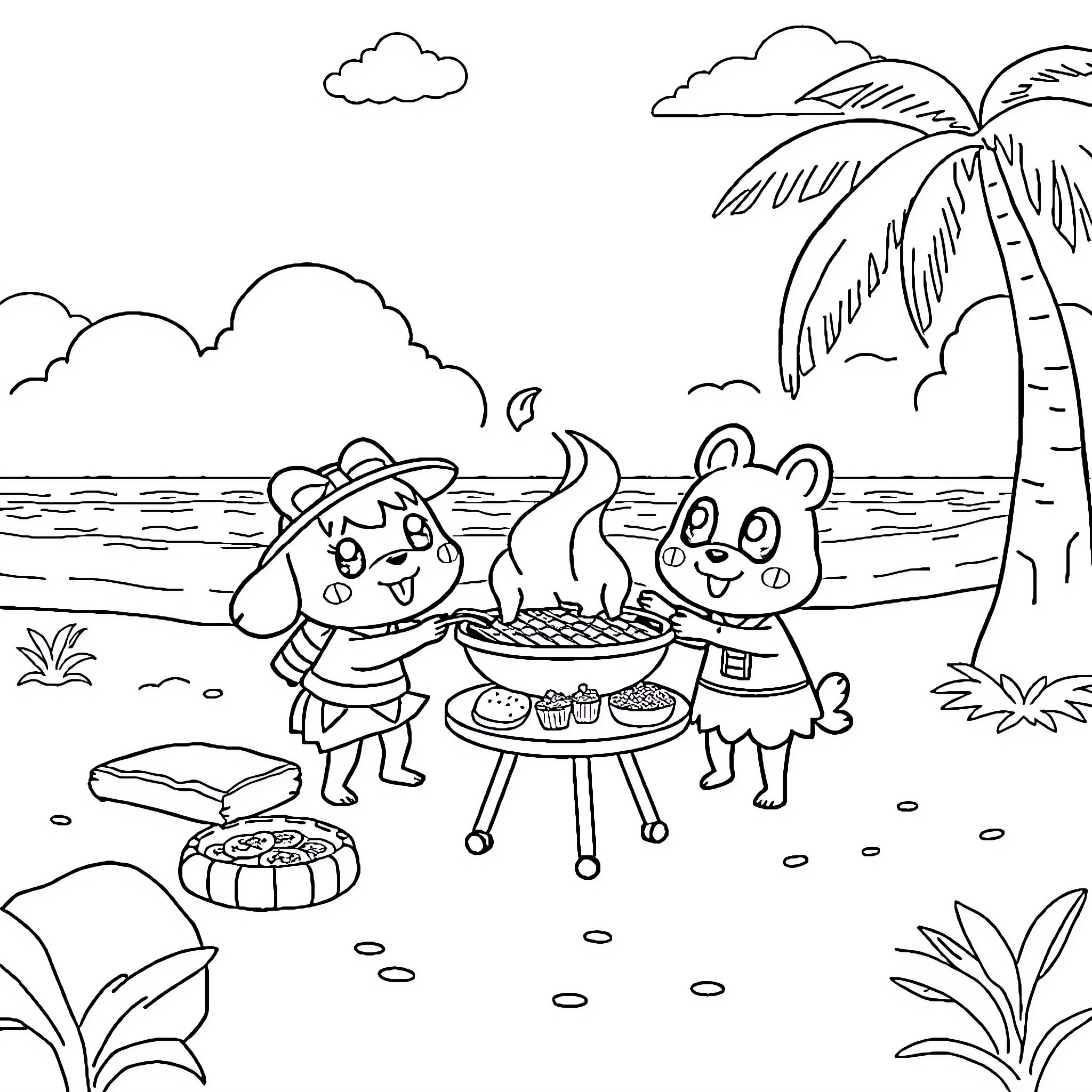 Animal Crossing characters having a picnic on the beach Coloring Page (free black-and-white line drawing printable PDF for all, from beginners to advanced learners, including children, teens, adults, and seniors)
