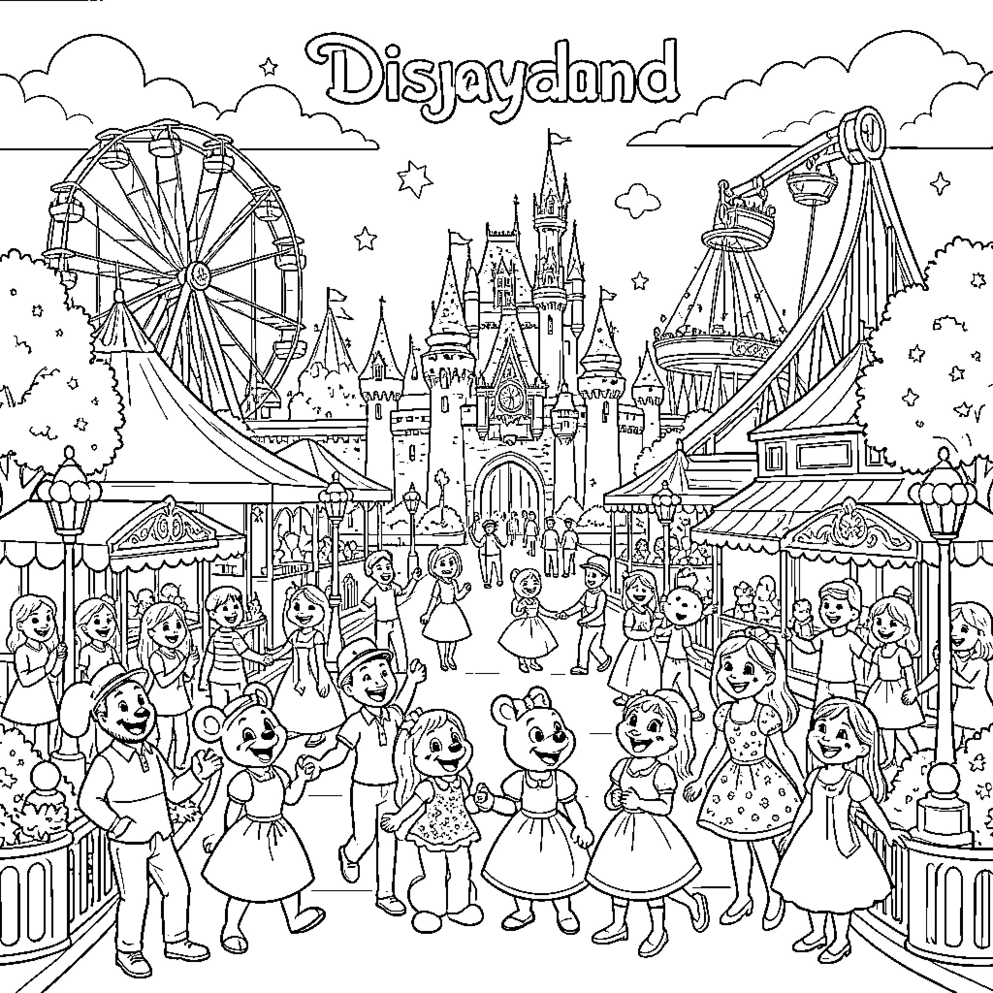 Disneyland: Enchanting Scenes and Vibrant Characters Coloring Page (free black-and-white line drawing printable PDF for all, from beginners to advanced learners, including children, teens, adults, and seniors)
