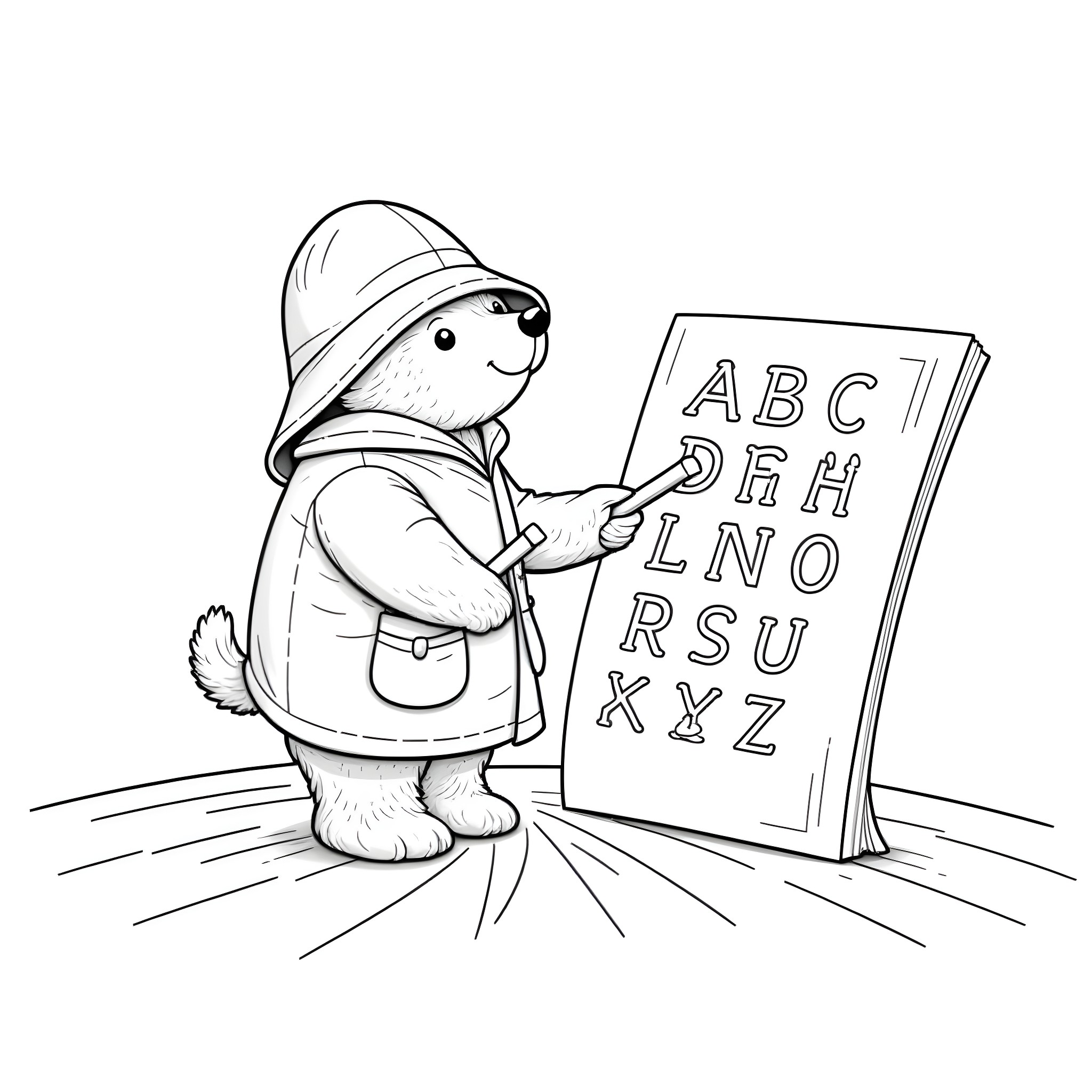 Paddington Bear learning the alphabet Coloring Page (free black-and-white line drawing printable PDF for all, from beginners to advanced learners, including children, teens, adults, and seniors)