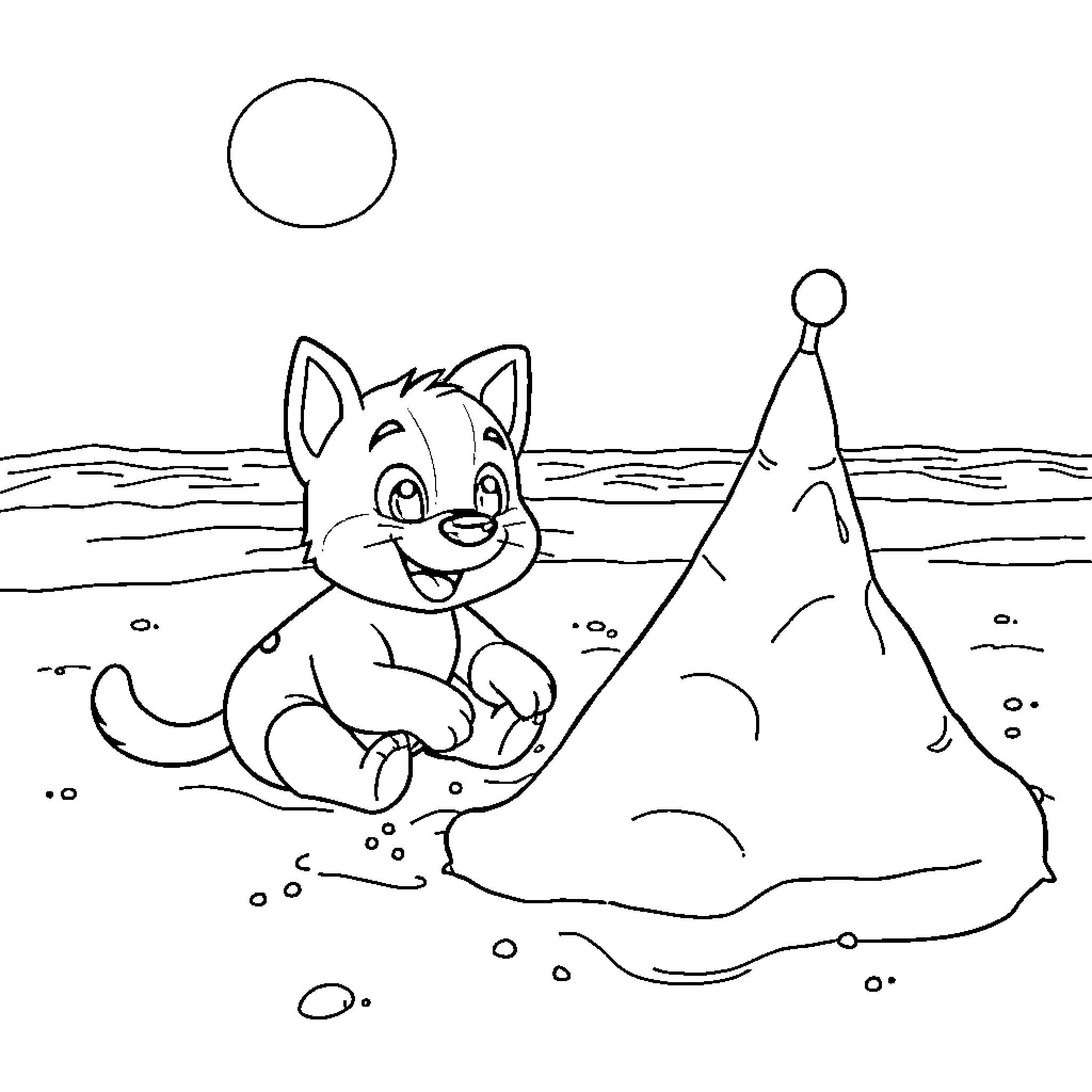 Bluey playing happily in the sand Coloring Page (free black-and-white line drawing printable PDF for all, from beginners to advanced learners, including children, teens, adults, and seniors)