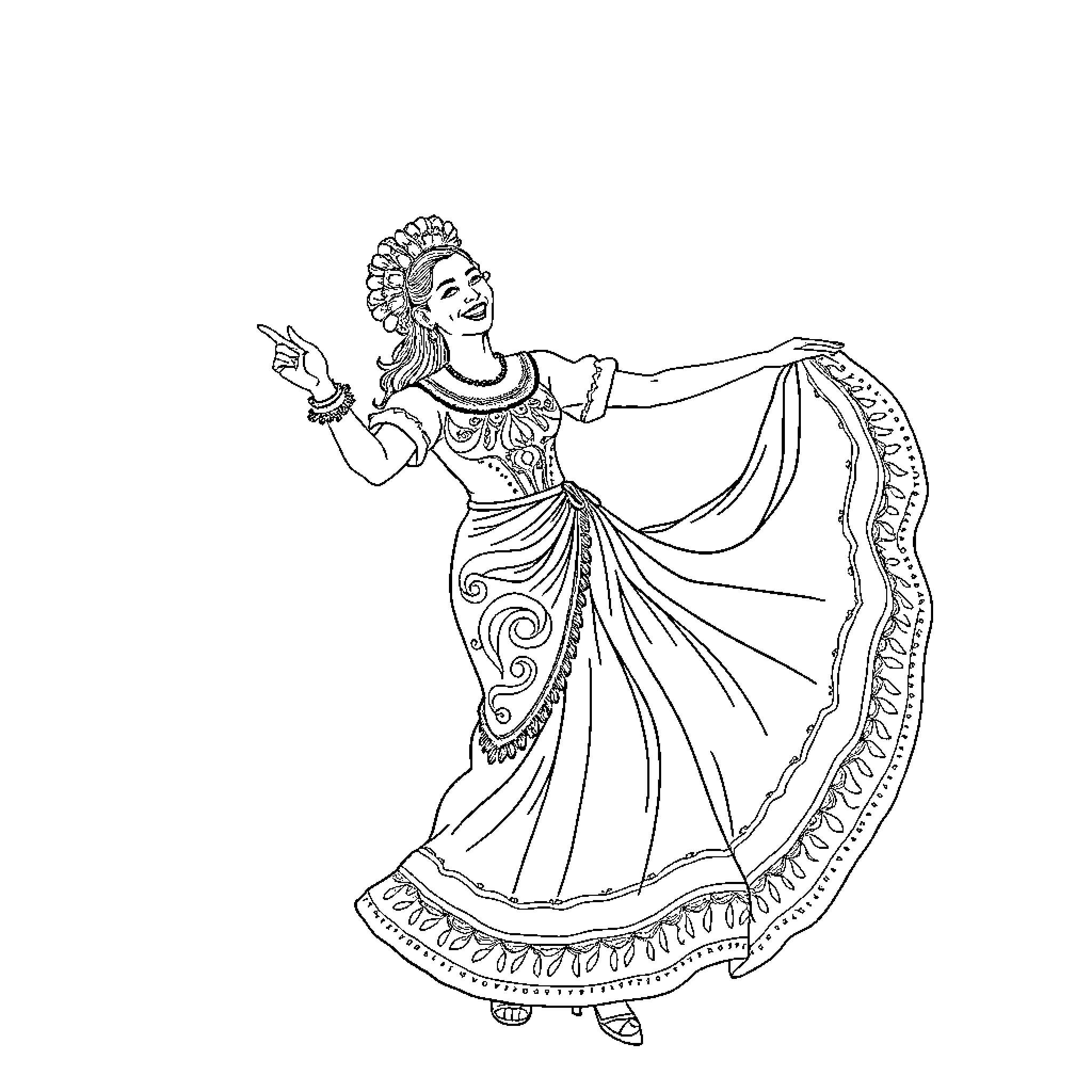 Castañera performing traditional dance in ornate dress Coloring Page (free black-and-white line drawing printable PDF for all, from beginners to advanced learners, including children, teens, adults, and seniors)