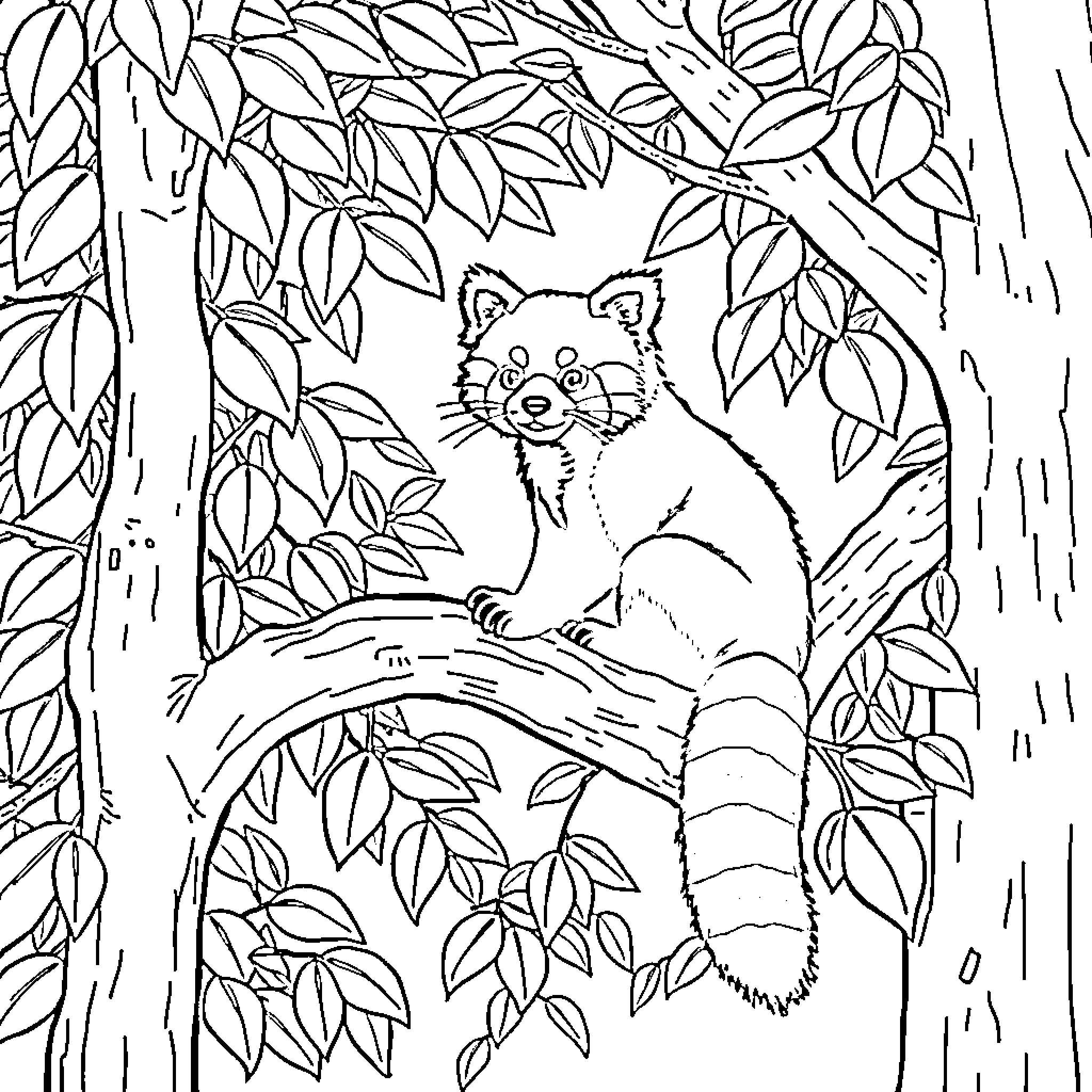 Panda resting in a lush forest Coloring Page (free black-and-white line drawing printable PDF for all, from beginners to advanced learners, including children, teens, adults, and seniors)