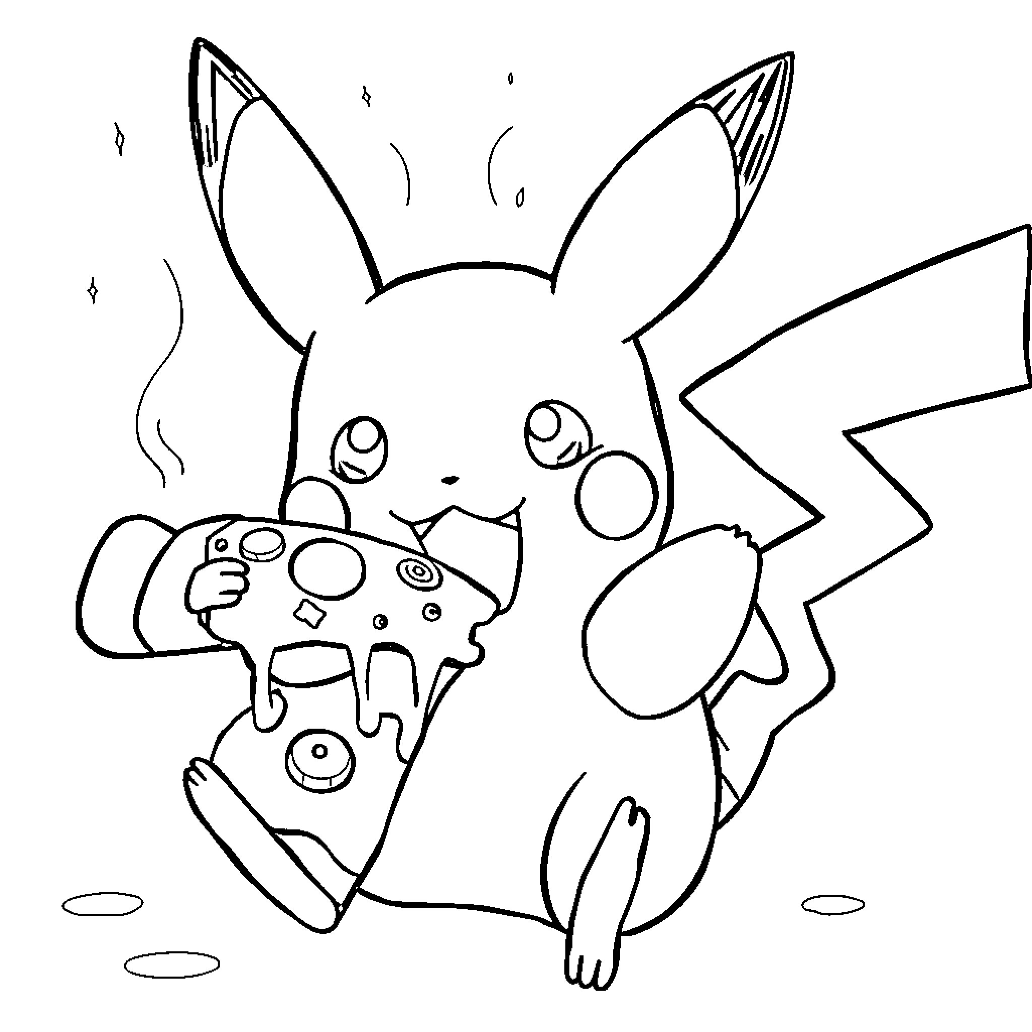 Pikachu playing with video game controller Coloring Page (free black-and-white line drawing printable PDF for all, from beginners to advanced learners, including children, teens, adults, and seniors)