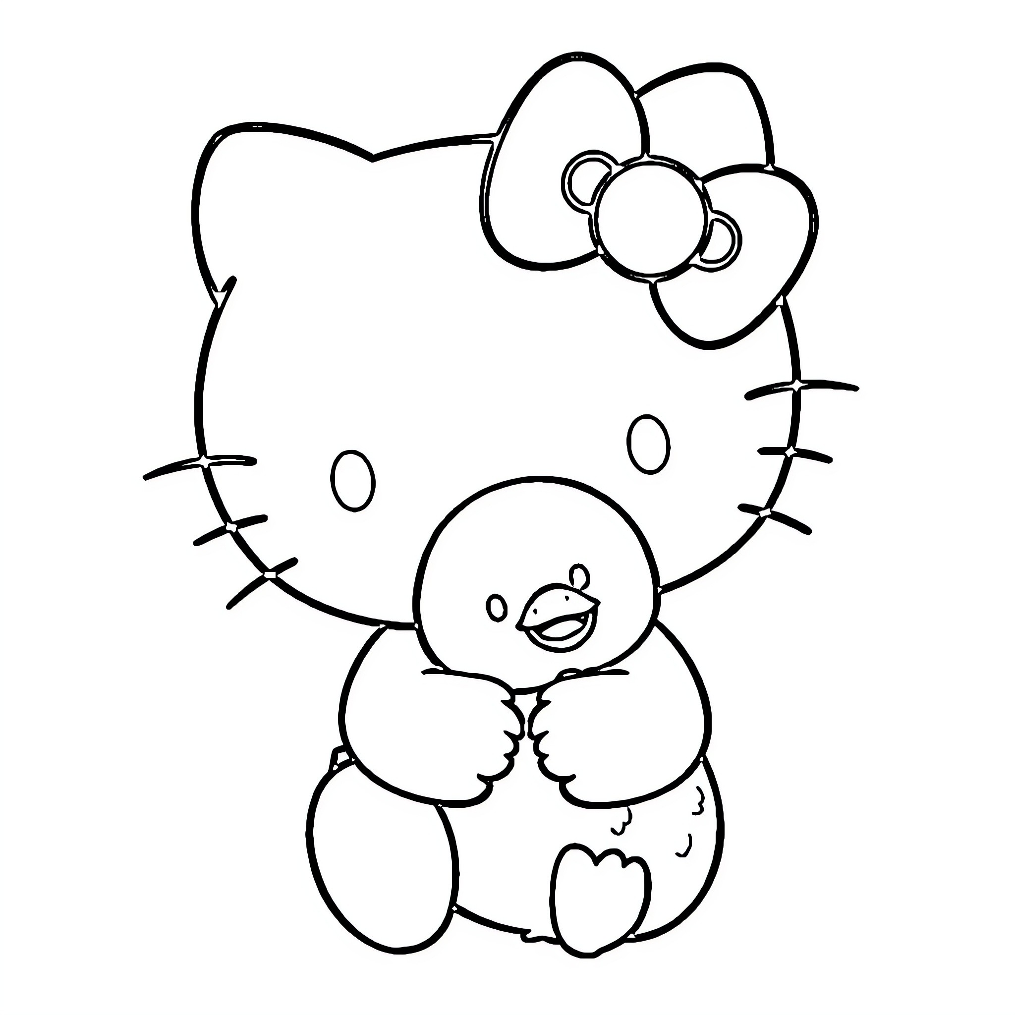 Hello Kitty Playing with Cute Chick Coloring Page (free black-and-white line drawing printable PDF for all, from beginners to advanced learners, including children, teens, adults, and seniors)