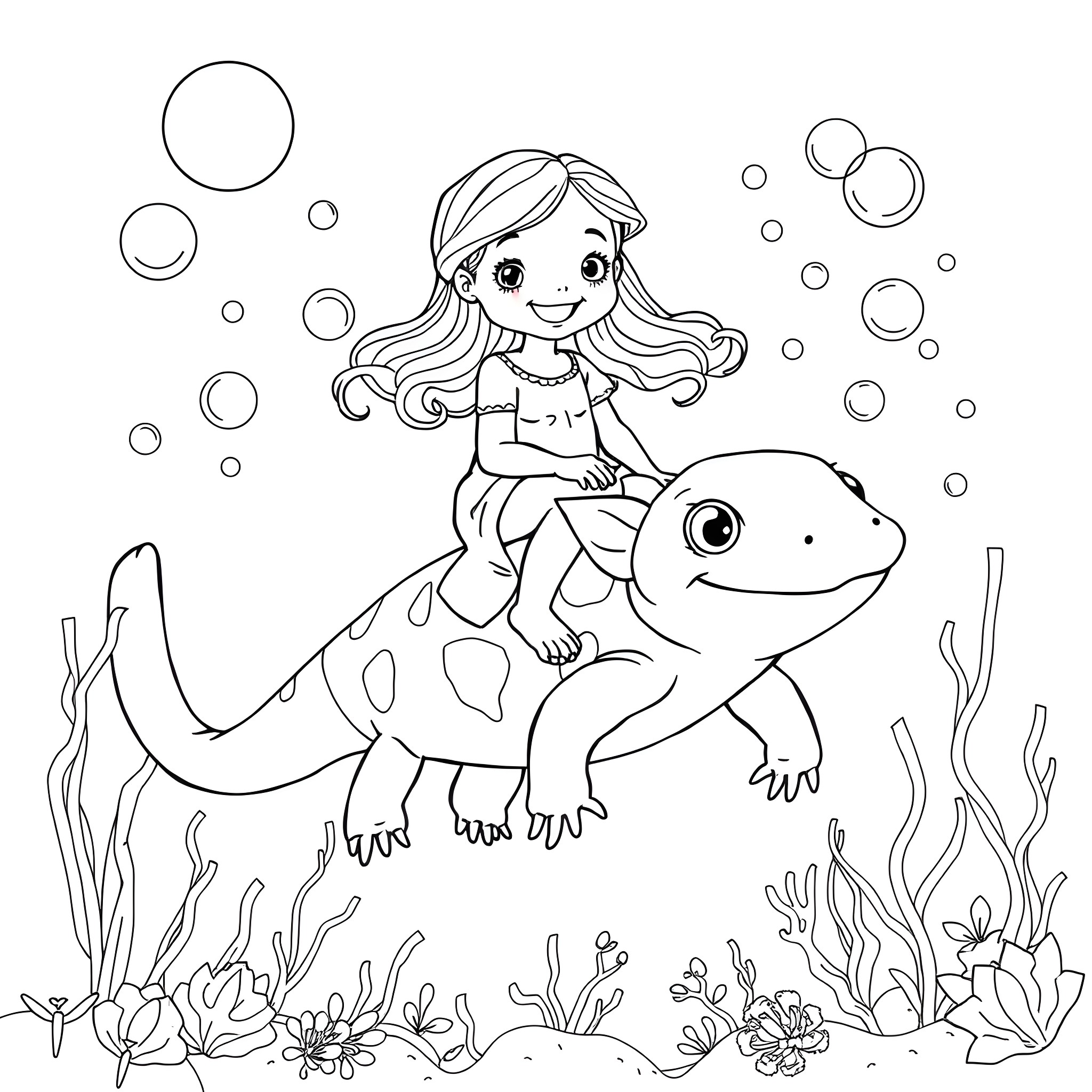 Girl riding a friendly fish underwater Coloring Page (free black-and-white line drawing printable PDF for all, from beginners to advanced learners, including children, teens, adults, and seniors)