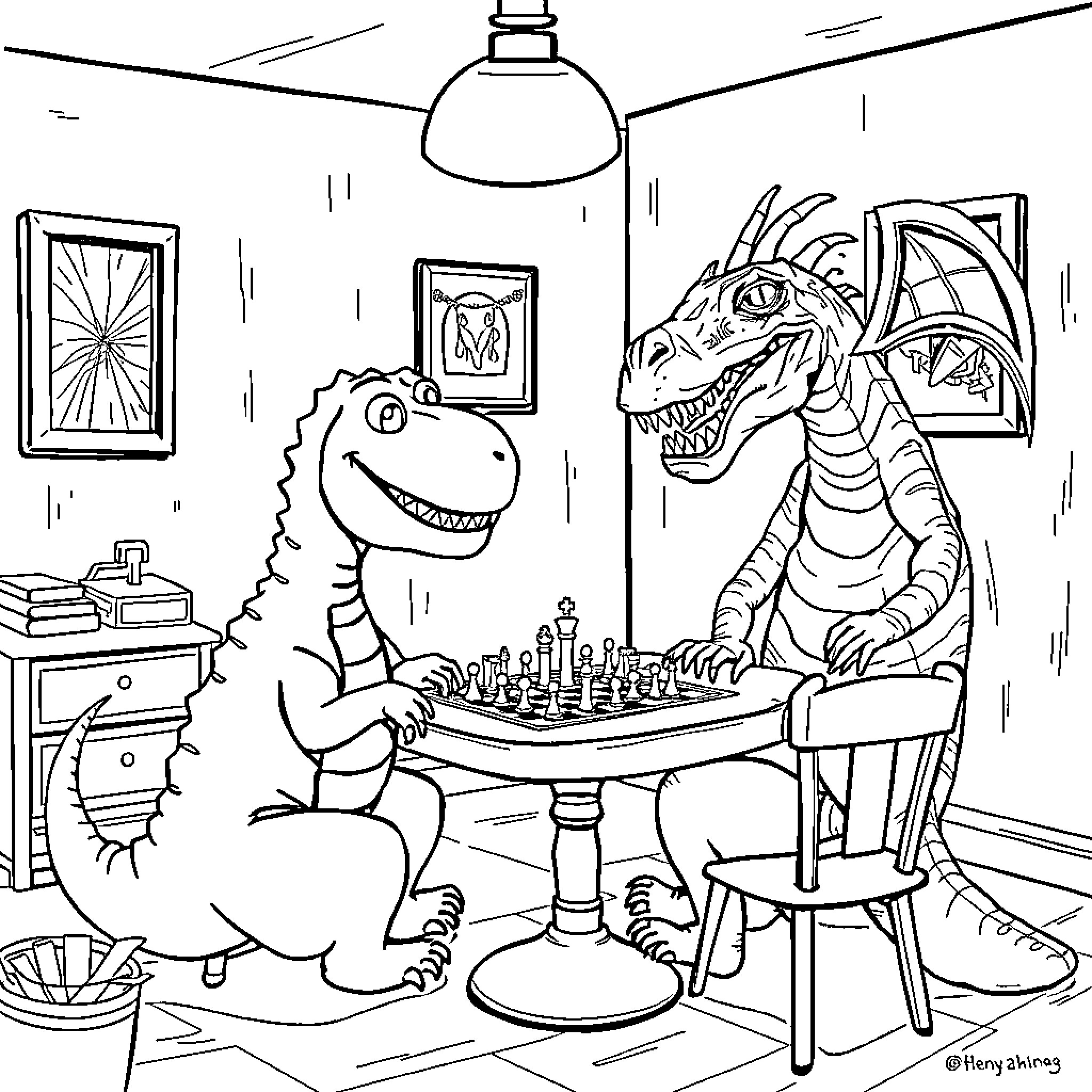 Barney's Chess Game with Ferocious Dinosaur Coloring Page (free black-and-white line drawing printable PDF for all, from beginners to advanced learners, including children, teens, adults, and seniors)