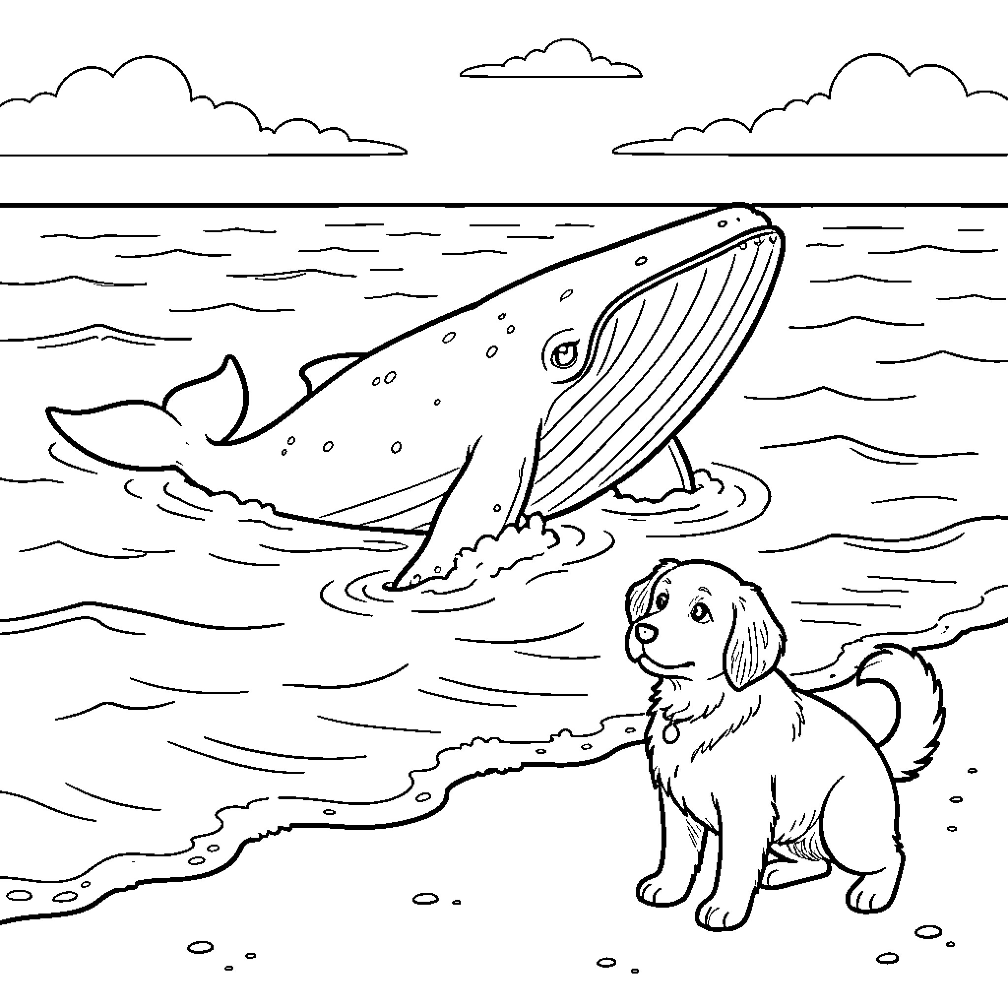 Whale breaching in the ocean near a puppy Coloring Page (free black-and-white line drawing printable PDF for all, from beginners to advanced learners, including children, teens, adults, and seniors)