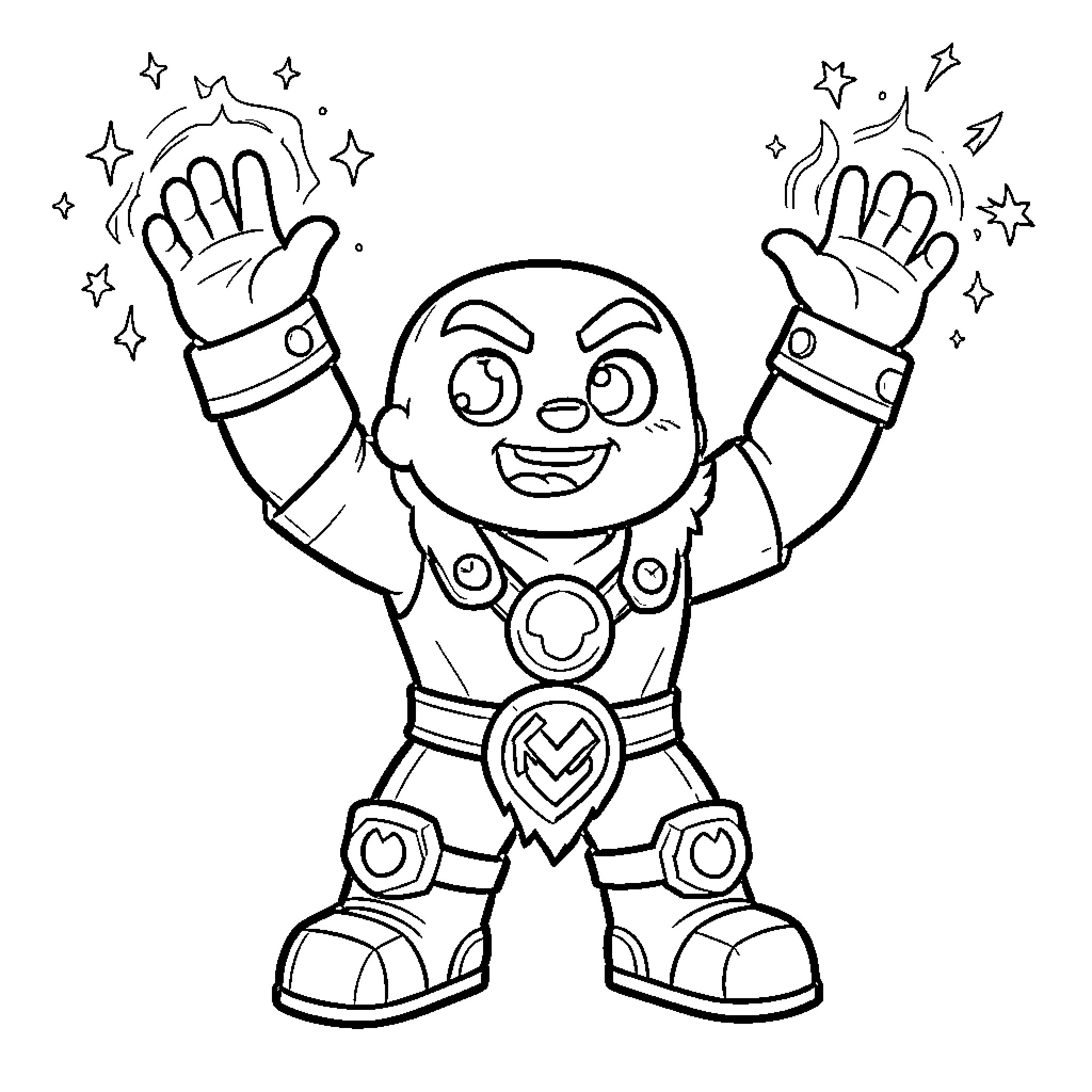 Kaos superhero character celebrating with hands raised high Coloring Page (free black-and-white line drawing printable PDF for all, from beginners to advanced learners, including children, teens, adults, and seniors)
