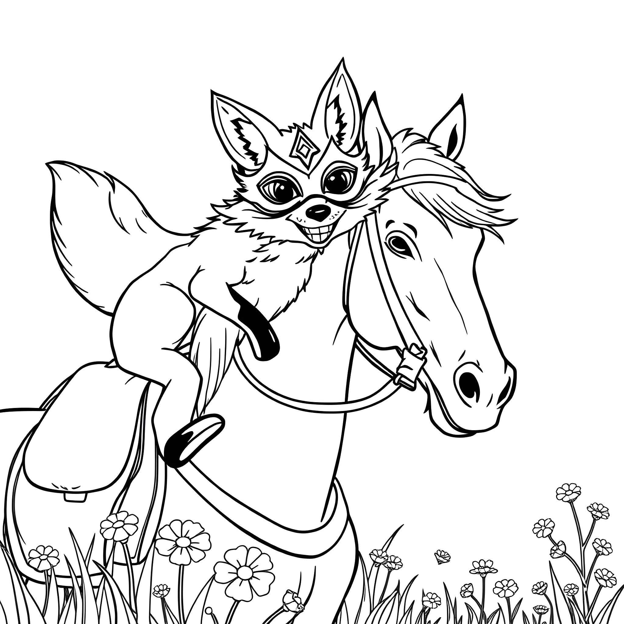 Fox riding playfully on a horse Coloring Page (free black-and-white line drawing printable PDF for all, from beginners to advanced learners, including children, teens, adults, and seniors)
