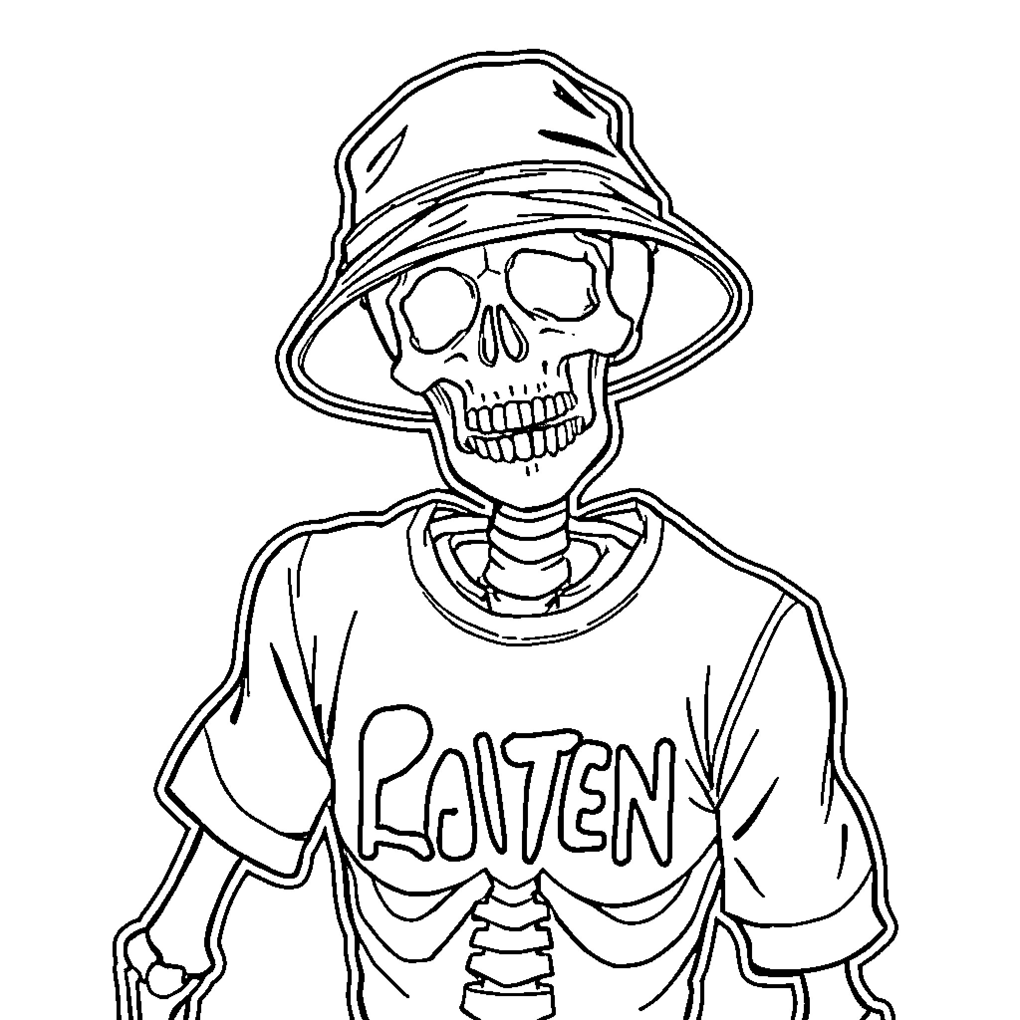 Skeleton wearing 'Rotten' shirt and bucket hat Coloring Page (free black-and-white line drawing printable PDF for all, from beginners to advanced learners, including children, teens, adults, and seniors)