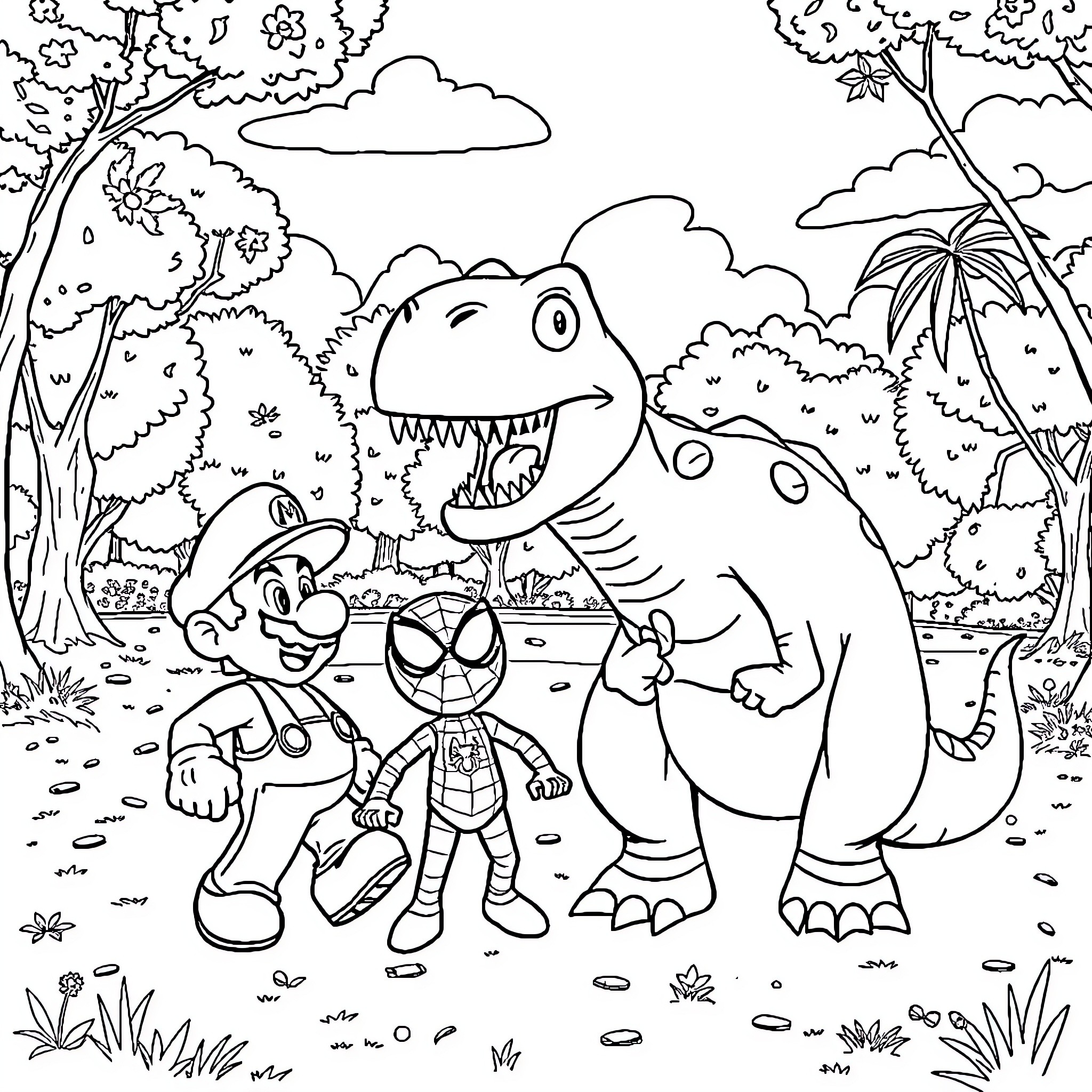 Mario's Dinosaur Adventure in the Jungle Coloring Page (free black-and-white line drawing printable PDF for all, from beginners to advanced learners, including children, teens, adults, and seniors)