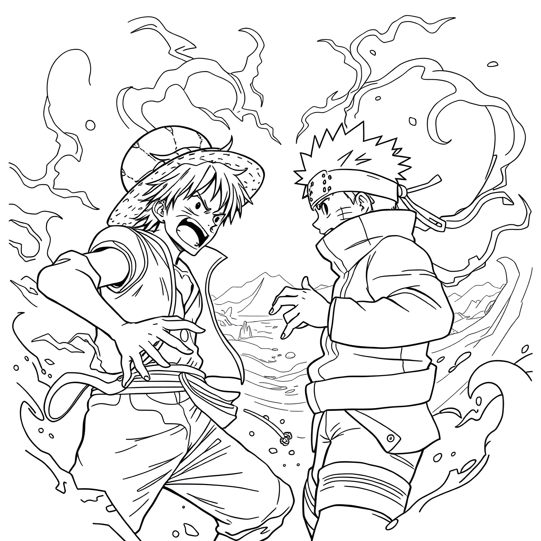 Luffy and Naruto engaged in fierce battle Coloring Page (free black-and-white line drawing printable PDF for all, from beginners to advanced learners, including children, teens, adults, and seniors)
