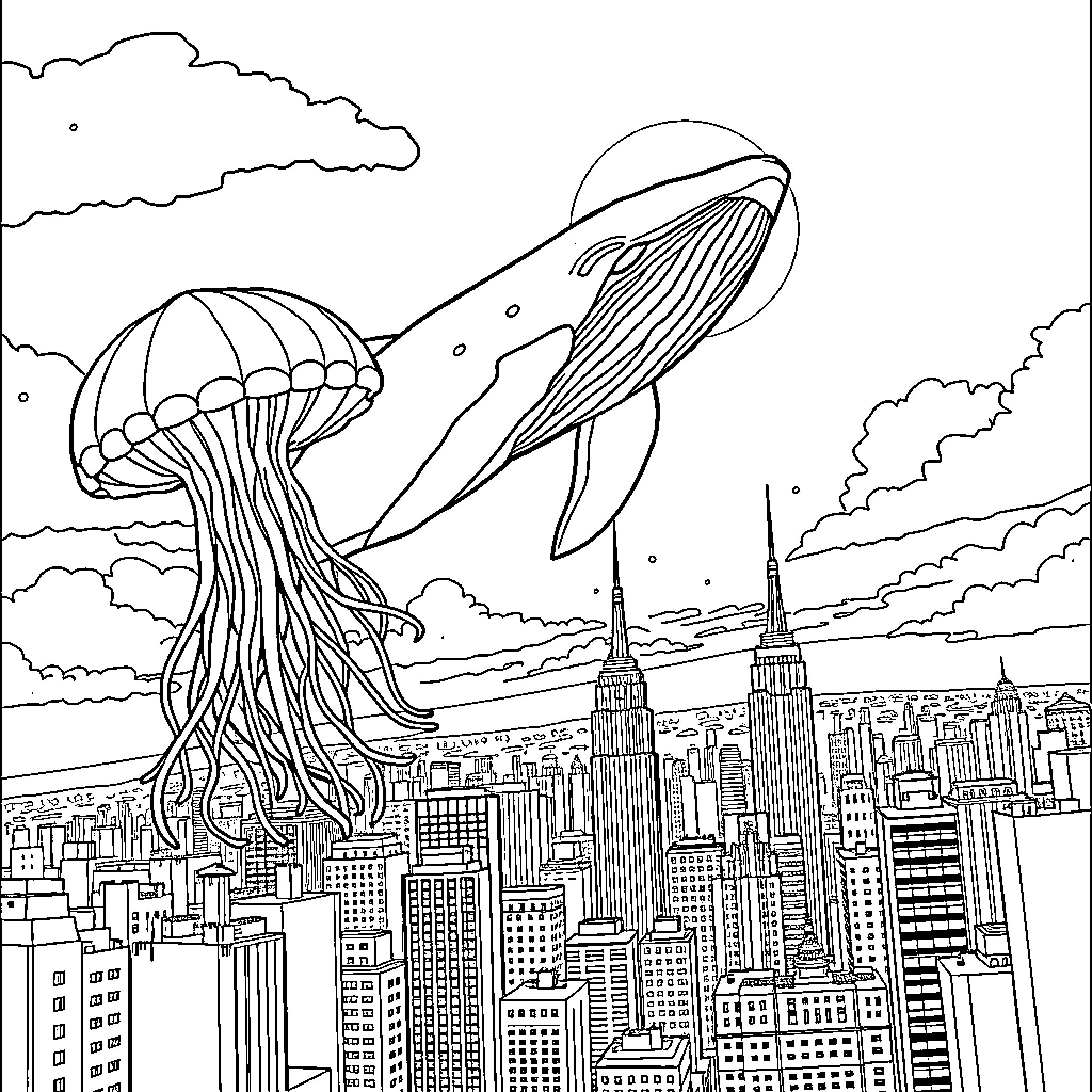 Whale-like creatures soaring over futuristic cityscape Coloring Page (free black-and-white line drawing printable PDF for all, from beginners to advanced learners, including children, teens, adults, and seniors)