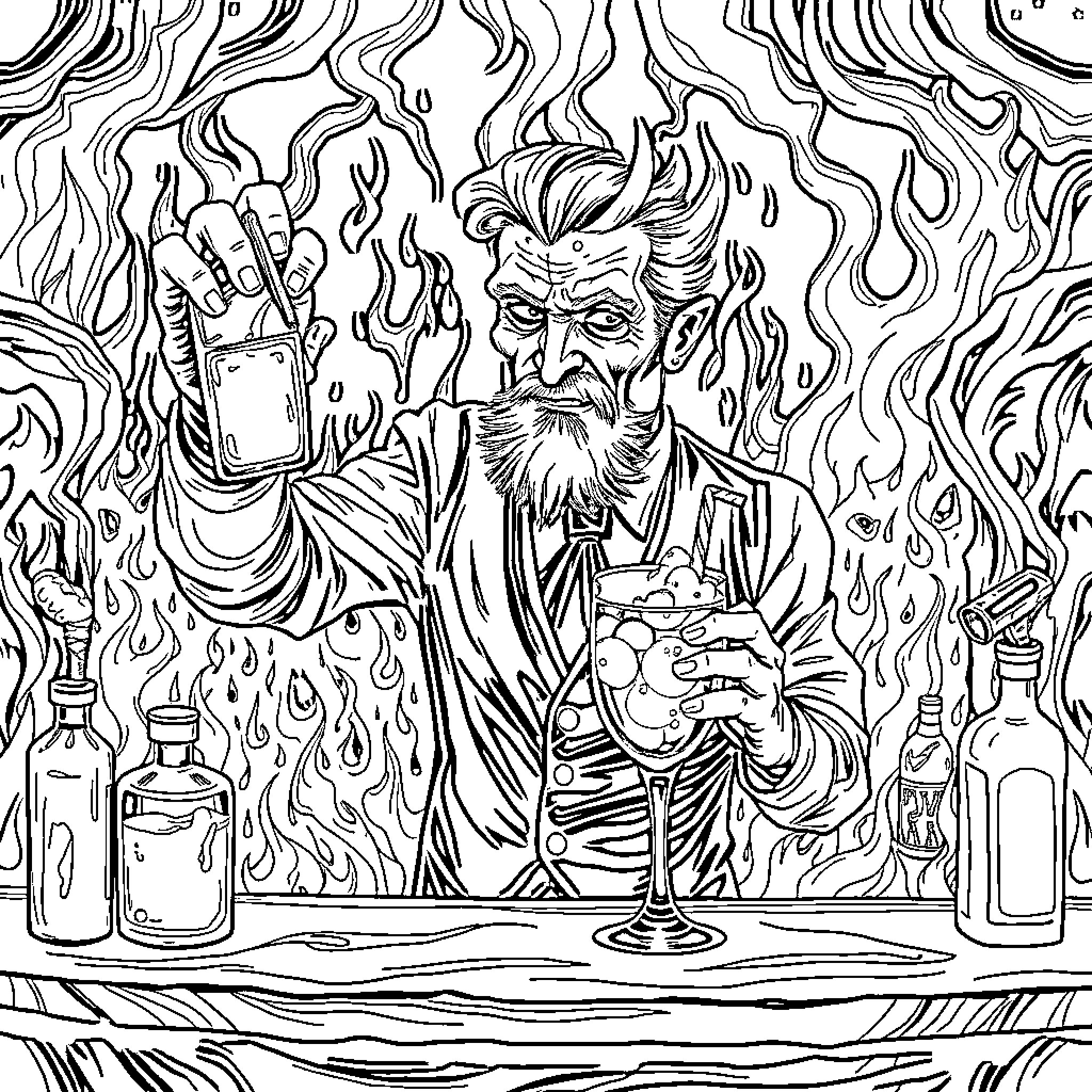 Barman concocting fiery cocktails at the bar Coloring Page (free black-and-white line drawing printable PDF for all, from beginners to advanced learners, including children, teens, adults, and seniors)