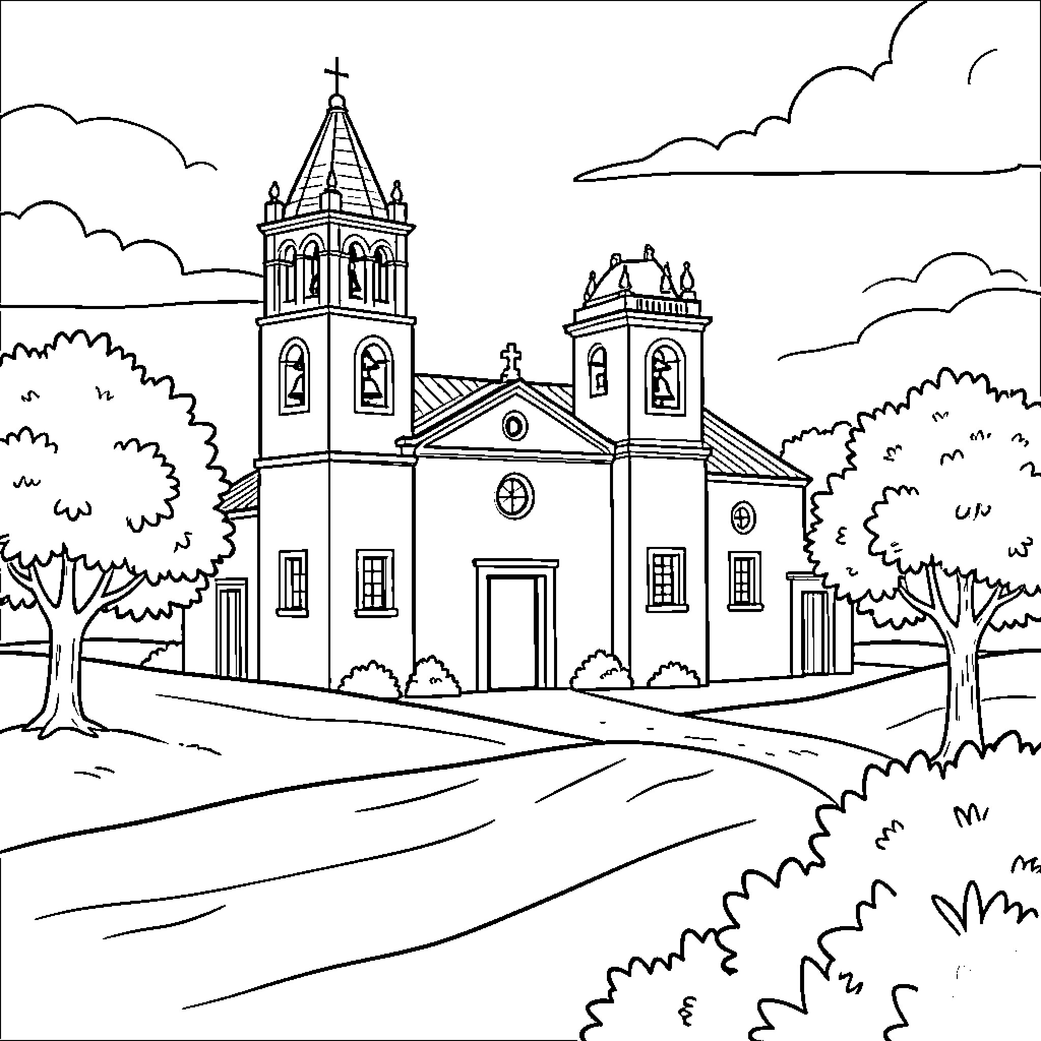 Ermita church with prominent towers in a rural landscape Coloring Page (free black-and-white line drawing printable PDF for all, from beginners to advanced learners, including children, teens, adults, and seniors)