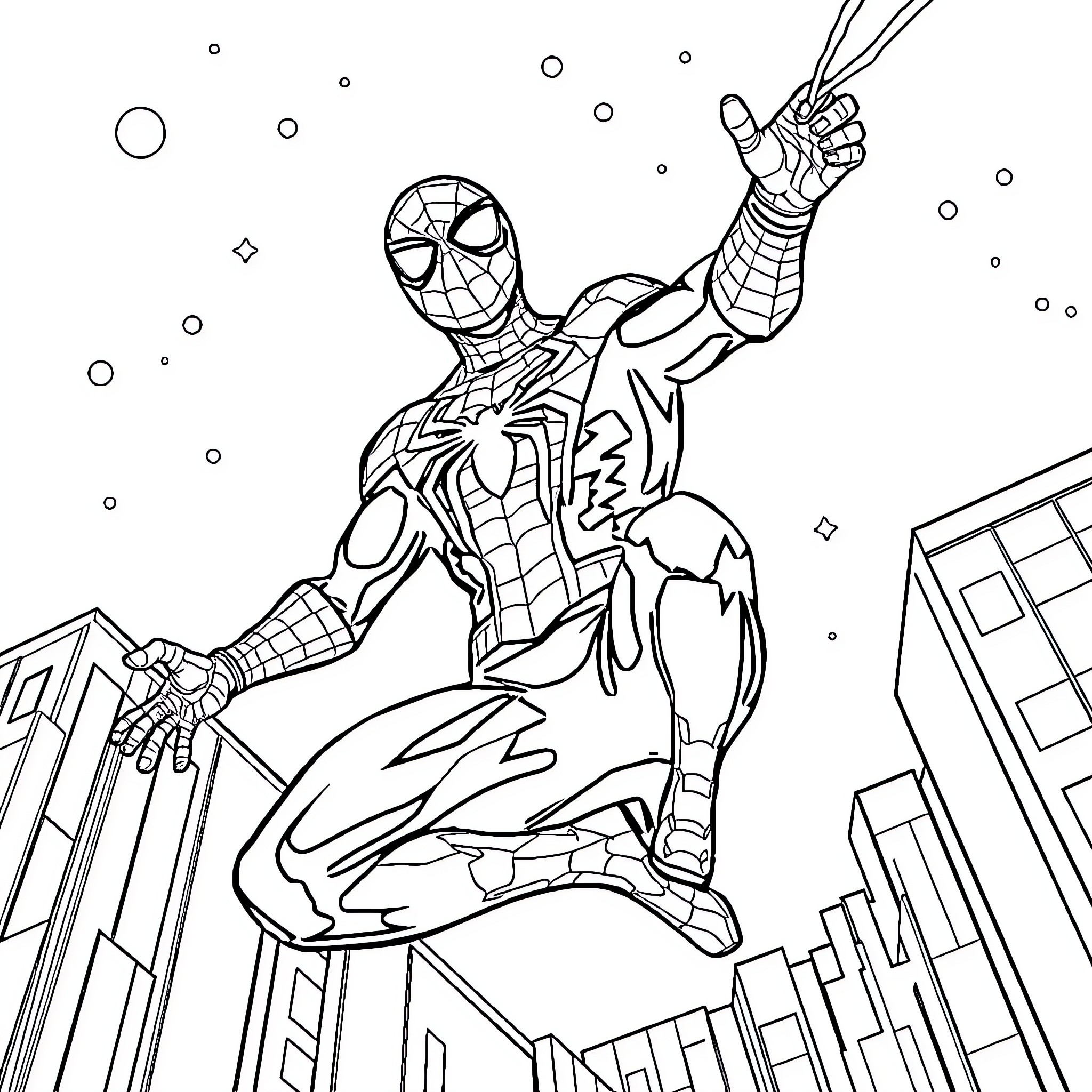 Spider-Man swinging through the city skyline Coloring Page (free black-and-white line drawing printable PDF for all, from beginners to advanced learners, including children, teens, adults, and seniors)
