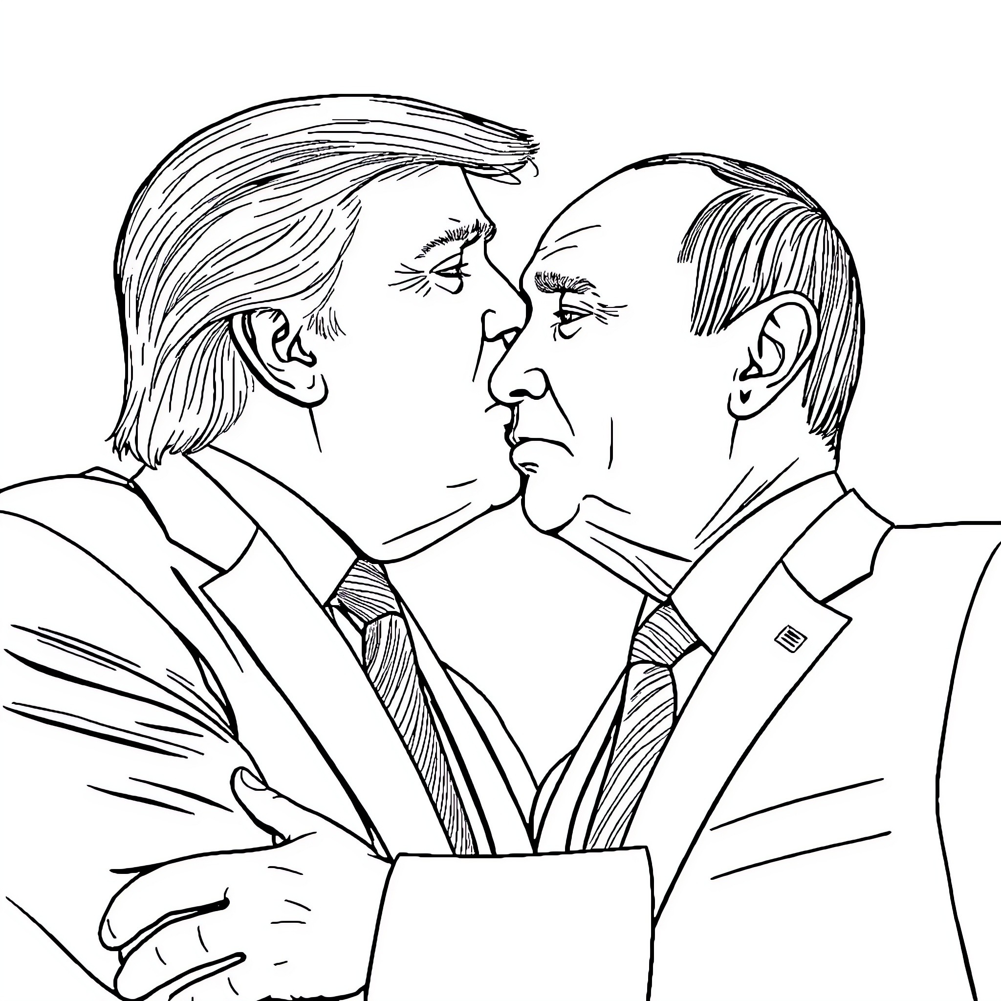 Trump Confrontation with Putin Coloring Page (free black-and-white line drawing printable PDF for all, from beginners to advanced learners, including children, teens, adults, and seniors)
