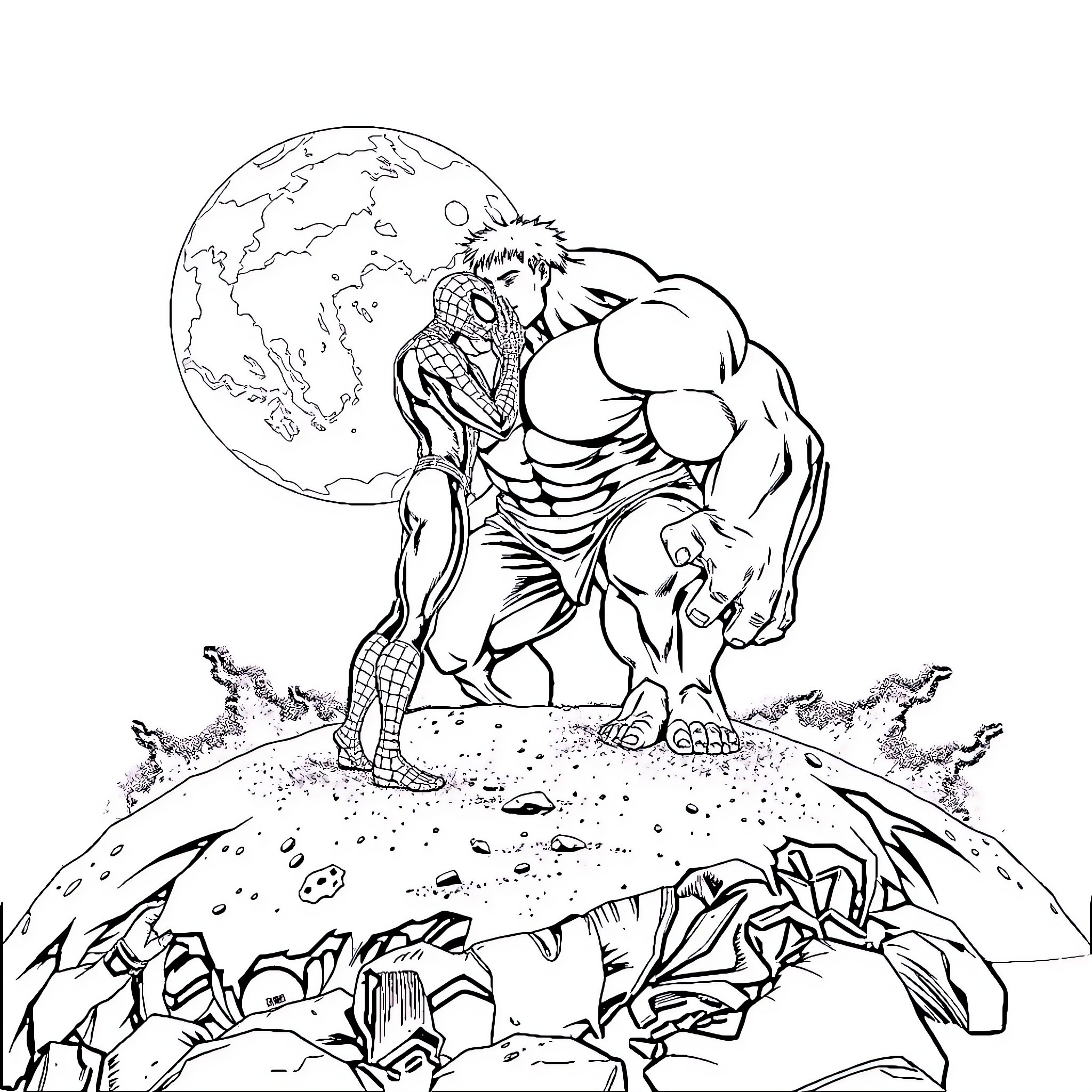 Spider-Man battles fierce enemies under the night sky Coloring Page (free black-and-white line drawing printable PDF for all, from beginners to advanced learners, including children, teens, adults, and seniors)