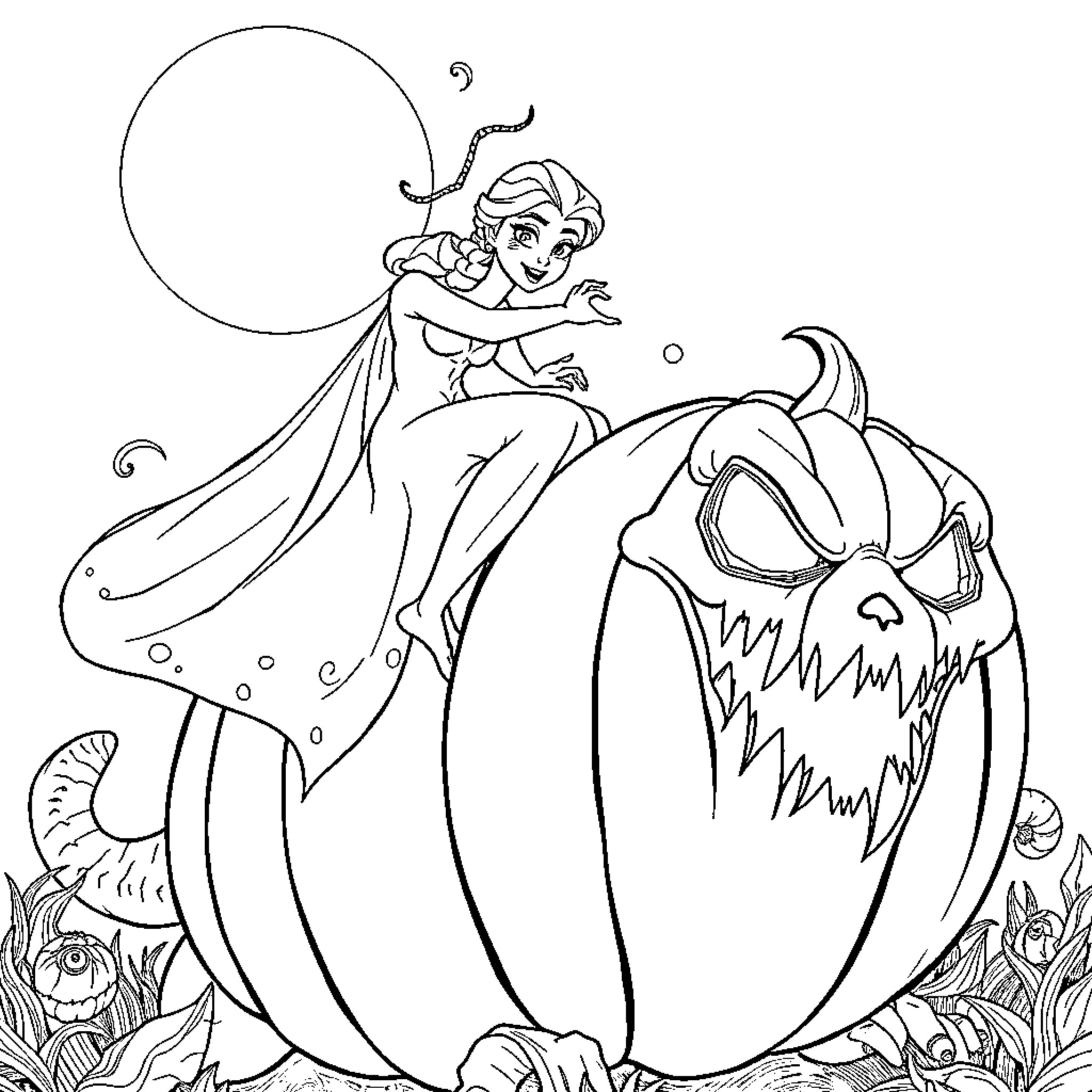 Elsa playing with spooky pumpkin during Halloween Coloring Page (free black-and-white line drawing printable PDF for all, from beginners to advanced learners, including children, teens, adults, and seniors)