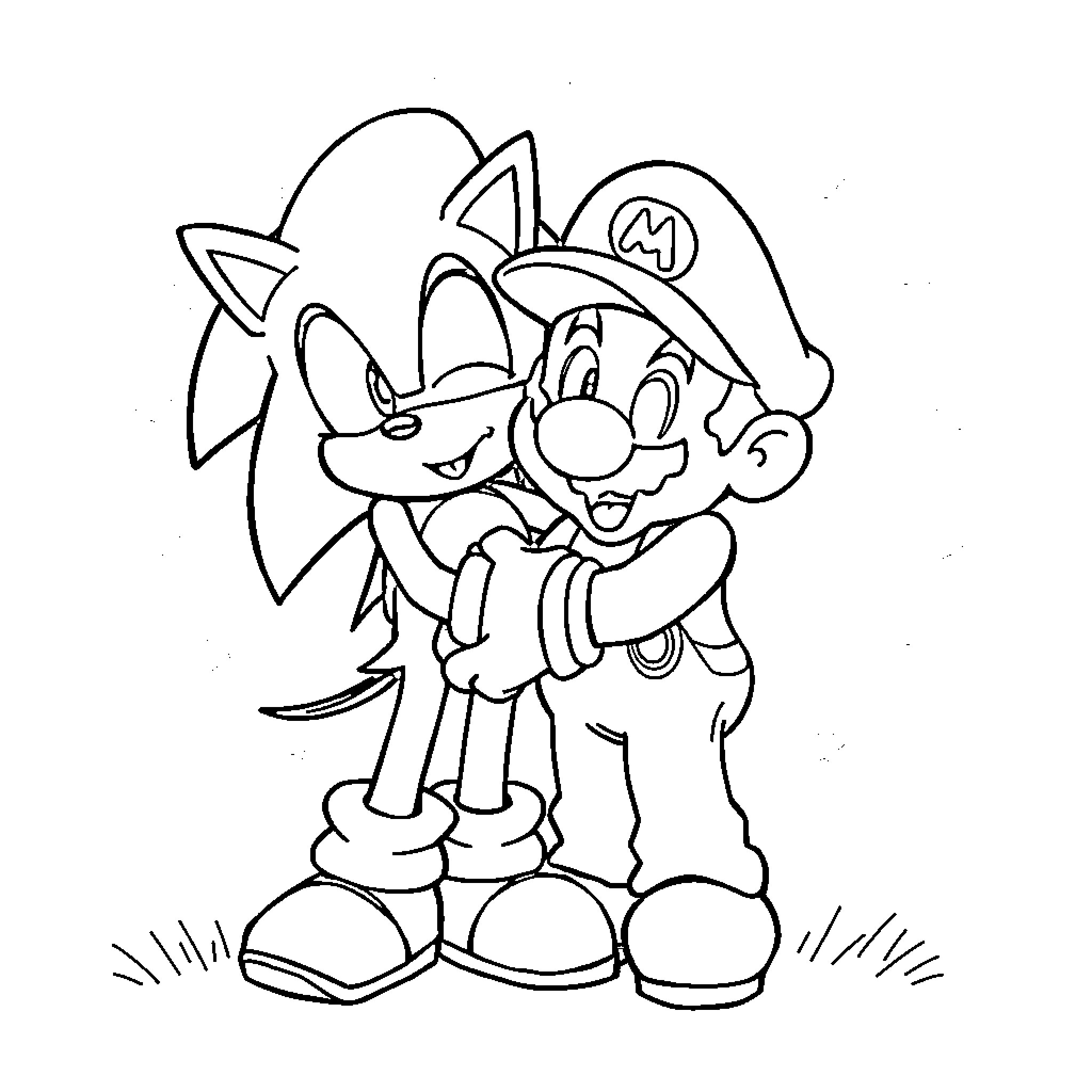 Sonic and Mario in a Playful Embrace Coloring Page (free black-and-white line drawing printable PDF for all, from beginners to advanced learners, including children, teens, adults, and seniors)