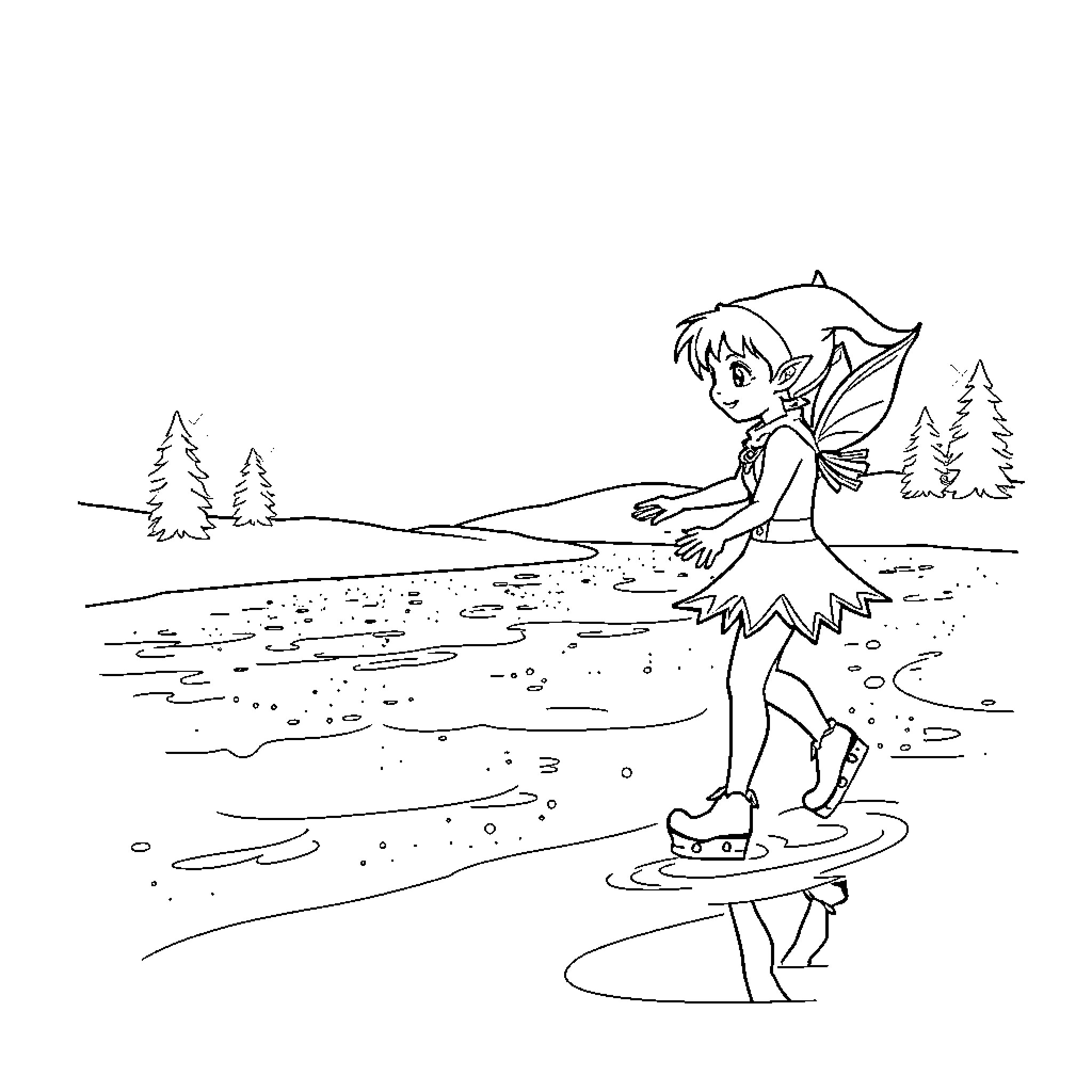 Elf skating merrily on a frozen pond Coloring Page (free black-and-white line drawing printable PDF for all, from beginners to advanced learners, including children, teens, adults, and seniors)
