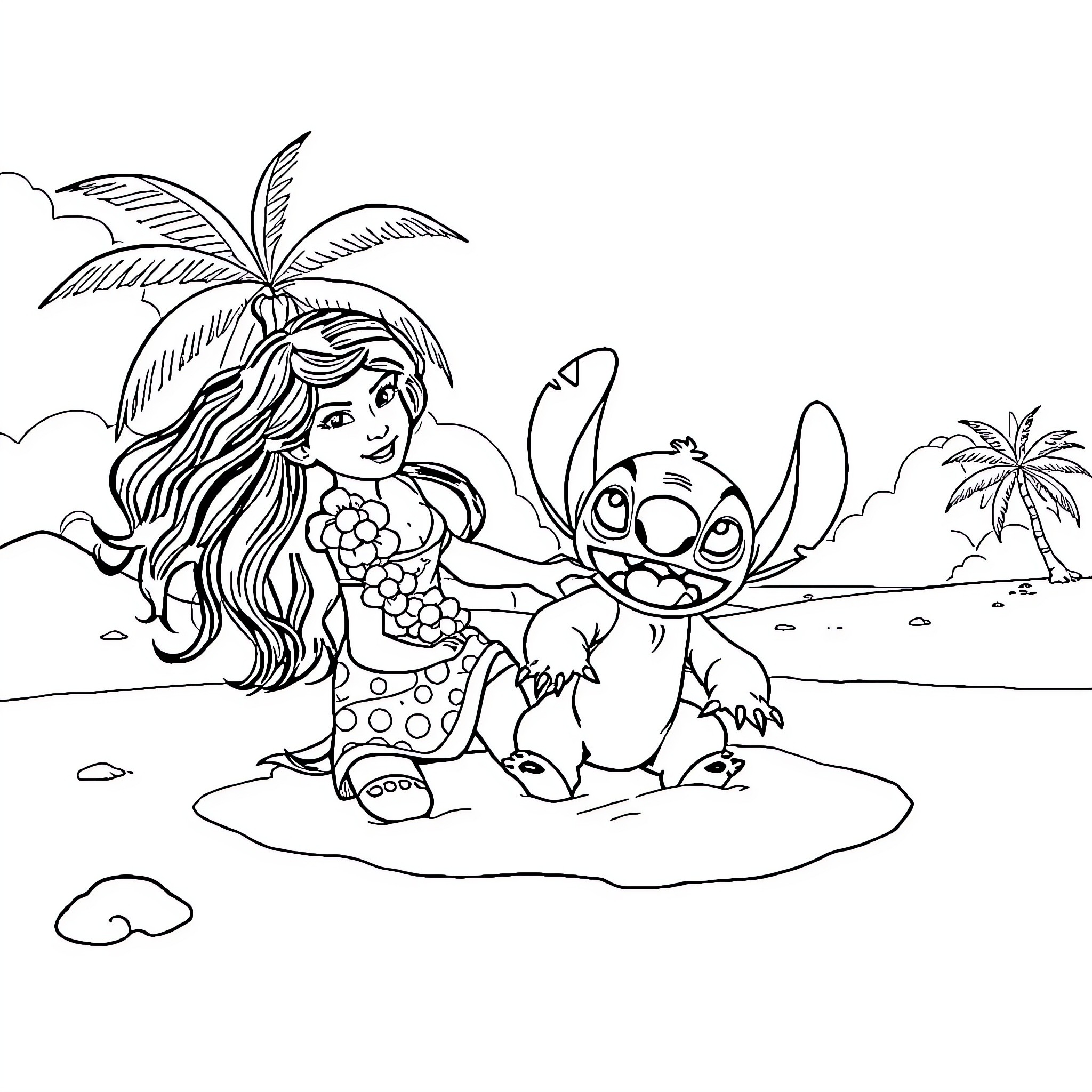 Lilo and Stitch playing on the beach Coloring Page (free black-and-white line drawing printable PDF for all, from beginners to advanced learners, including children, teens, adults, and seniors)