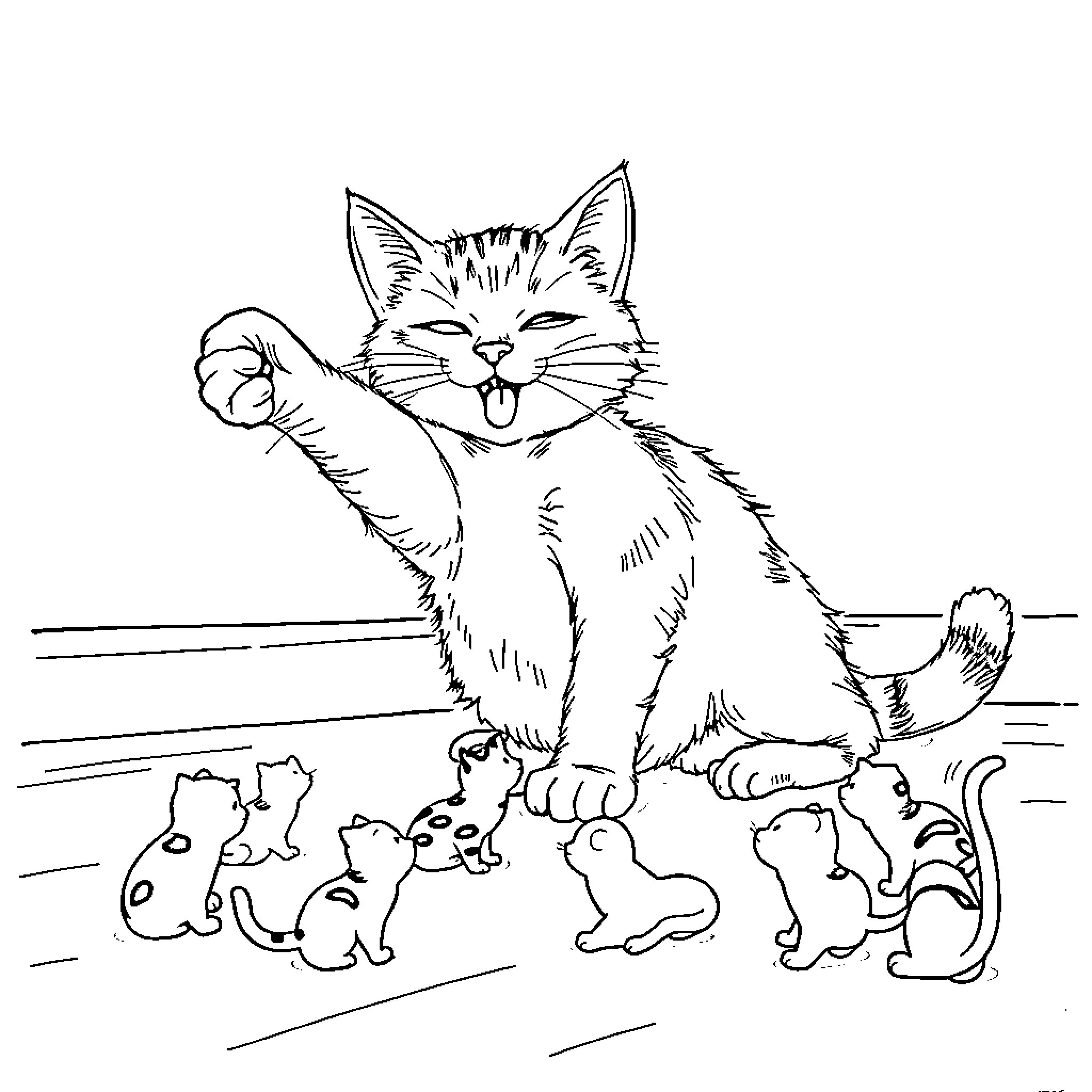 Cat playing with kittens Coloring Page (free black-and-white line drawing printable PDF for all, from beginners to advanced learners, including children, teens, adults, and seniors)