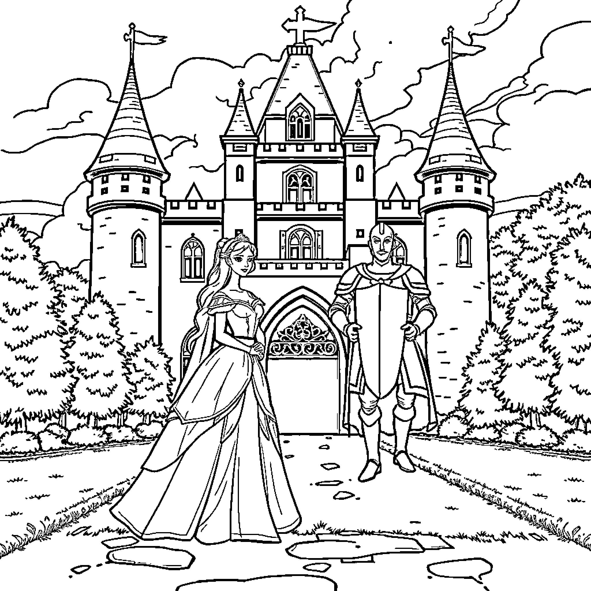 Princess and Knight Before Majestic Castle Coloring Page (free black-and-white line drawing printable PDF for all, from beginners to advanced learners, including children, teens, adults, and seniors)