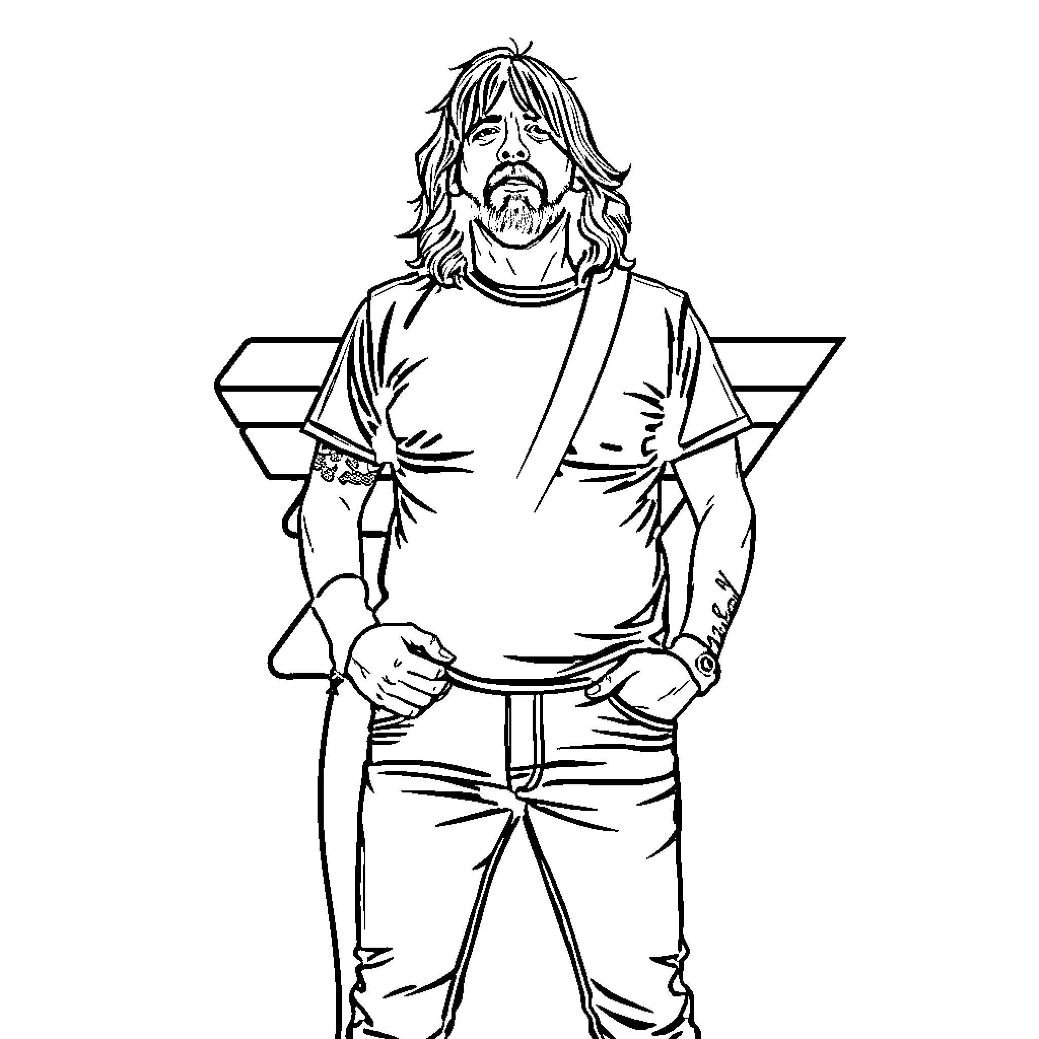 Dave Grohl Performing on Stage with Guitar Coloring Page (free black-and-white line drawing printable PDF for all, from beginners to advanced learners, including children, teens, adults, and seniors)