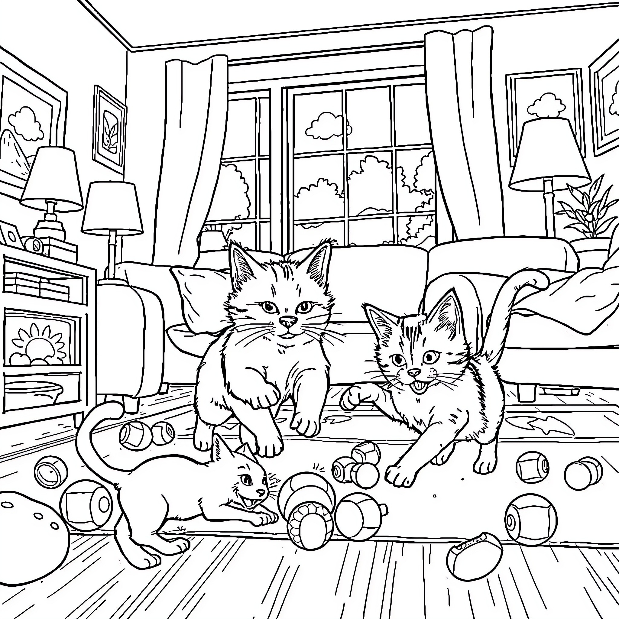 Cats playing mischievously in the living room Coloring Page (free black-and-white line drawing printable PDF for all, from beginners to advanced learners, including children, teens, adults, and seniors)